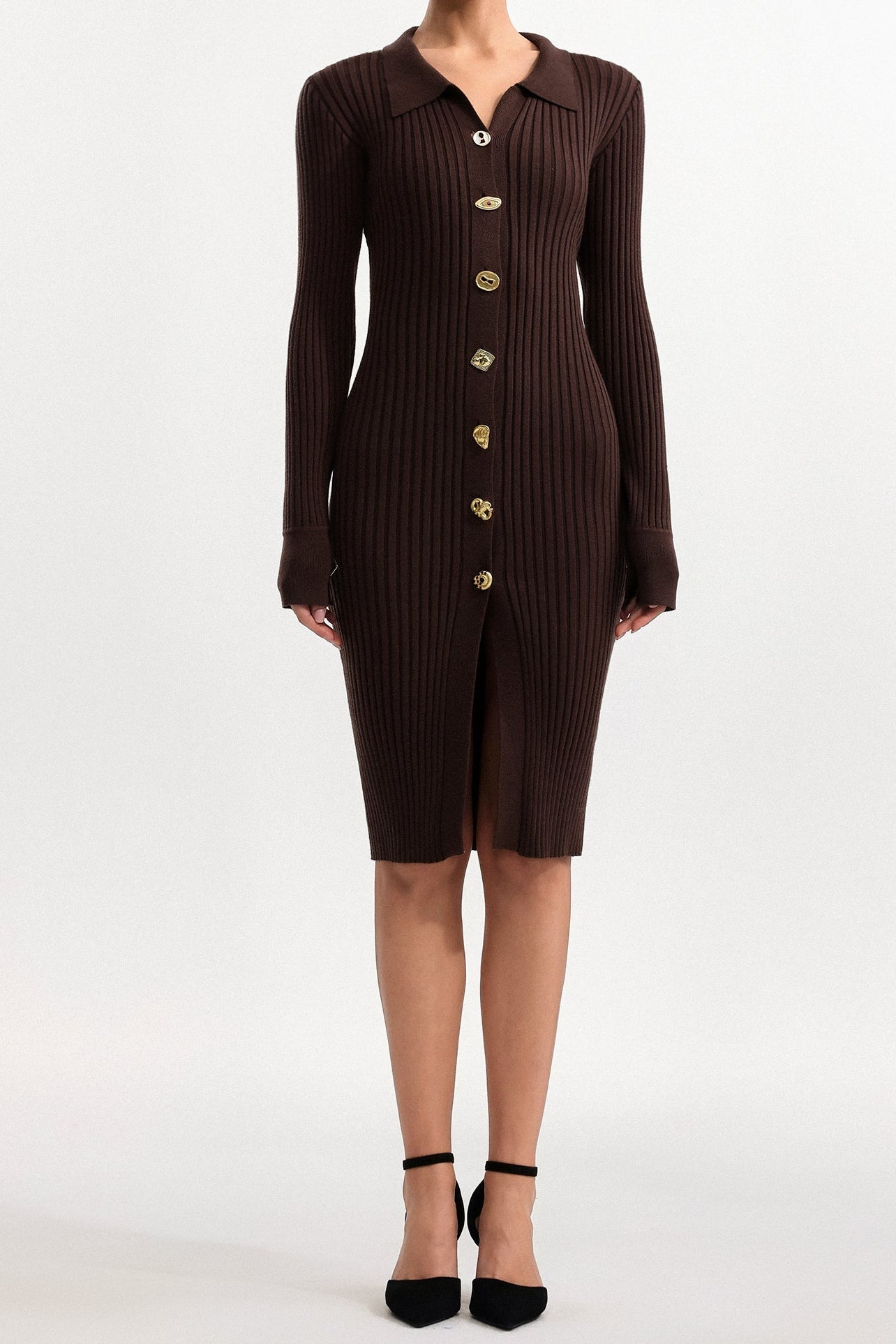 xaviera Contour V Neck Long Sleeve Knit Mini Dress Avalabel