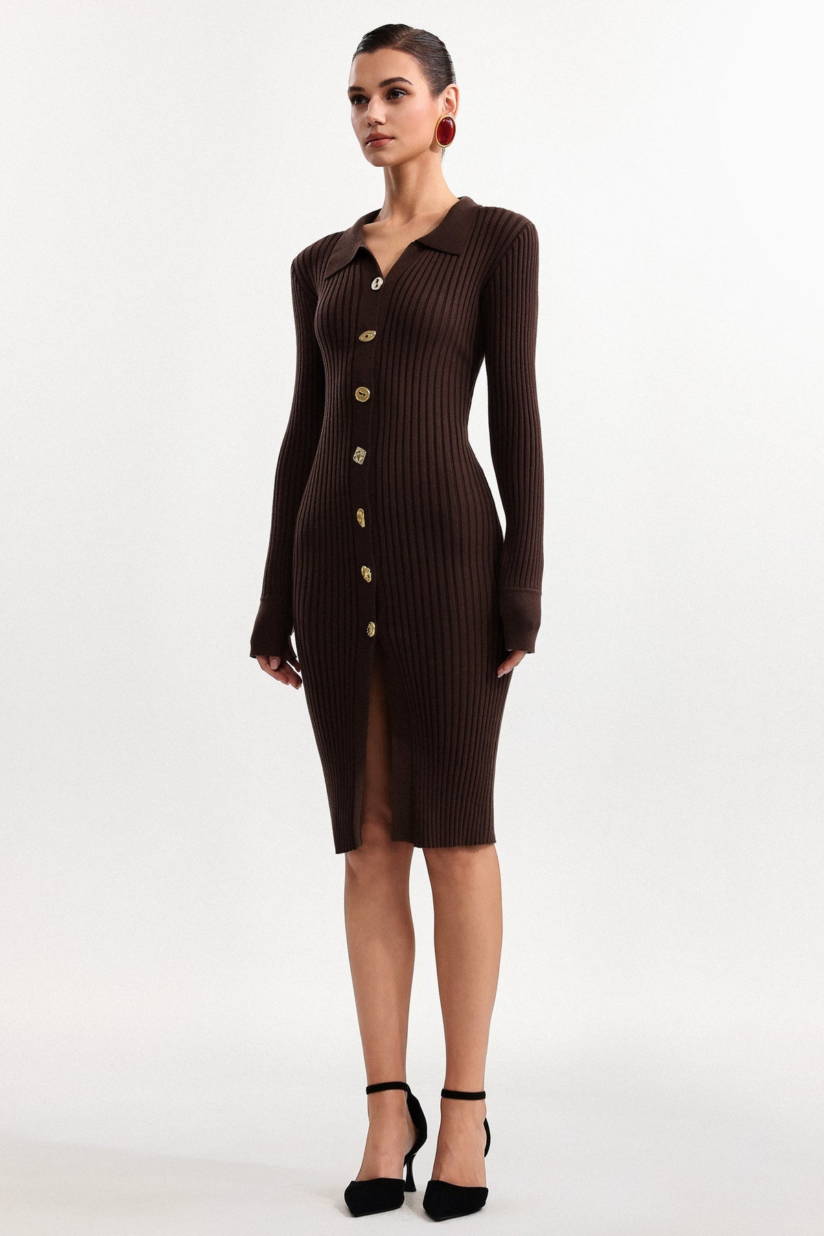 xaviera Contour V Neck Long Sleeve Knit Mini Dress Avalabel