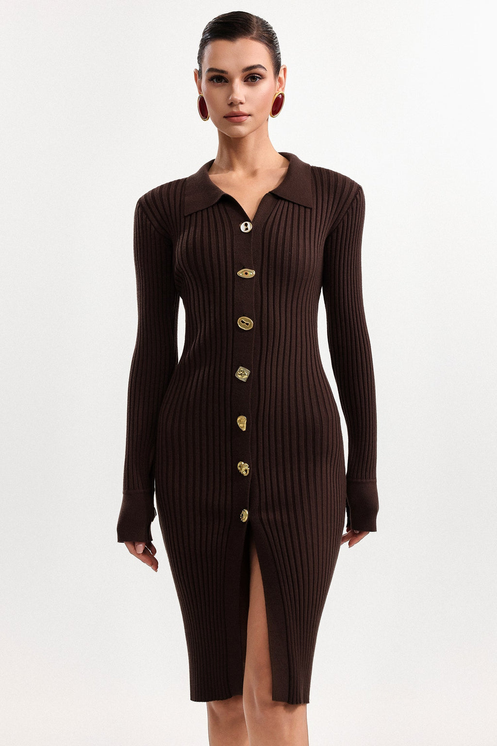 xaviera Contour V Neck Long Sleeve Knit Mini Dress Avalabel
