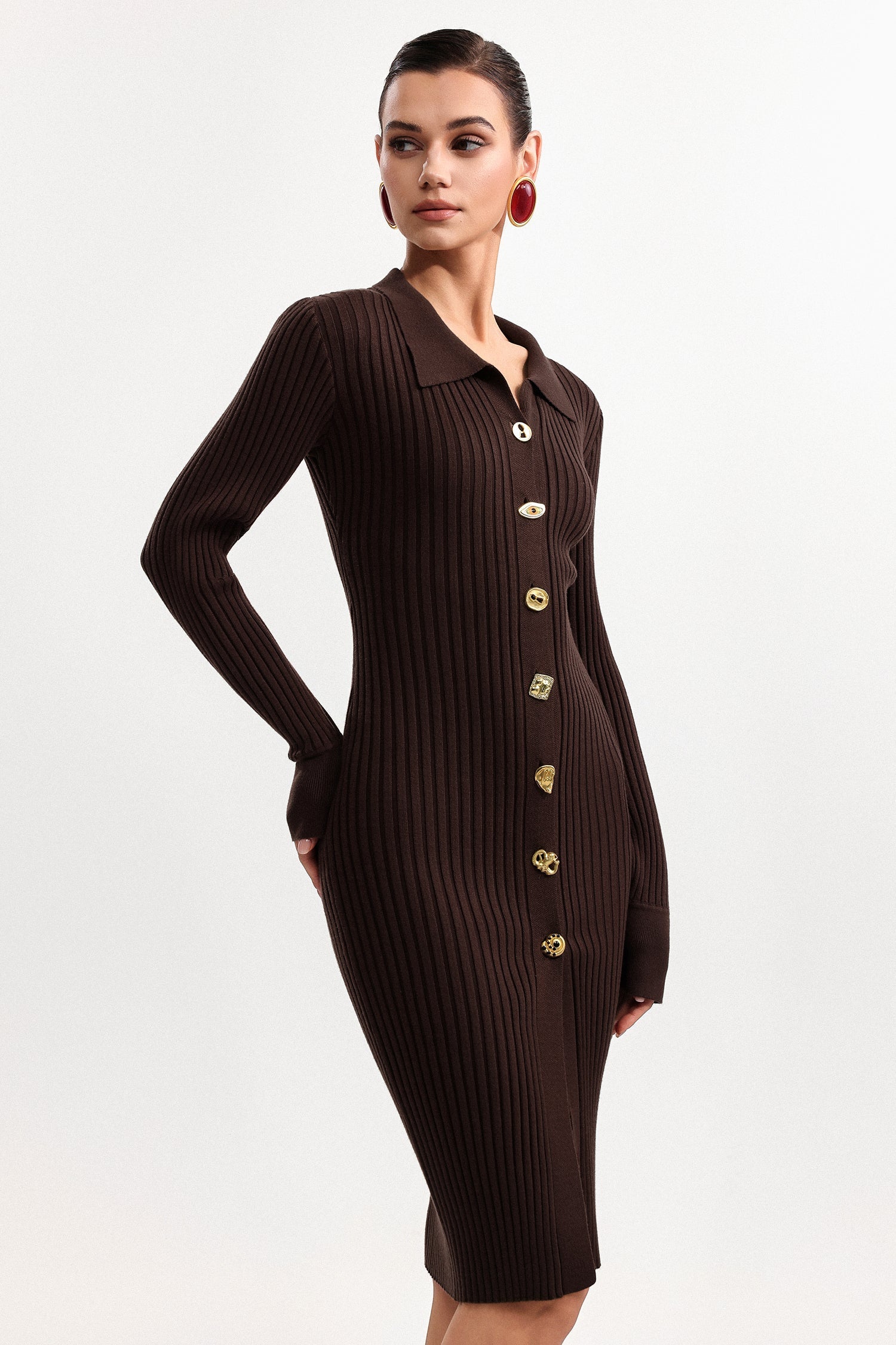 xaviera Contour V Neck Long Sleeve Knit Mini Dress Avalabel