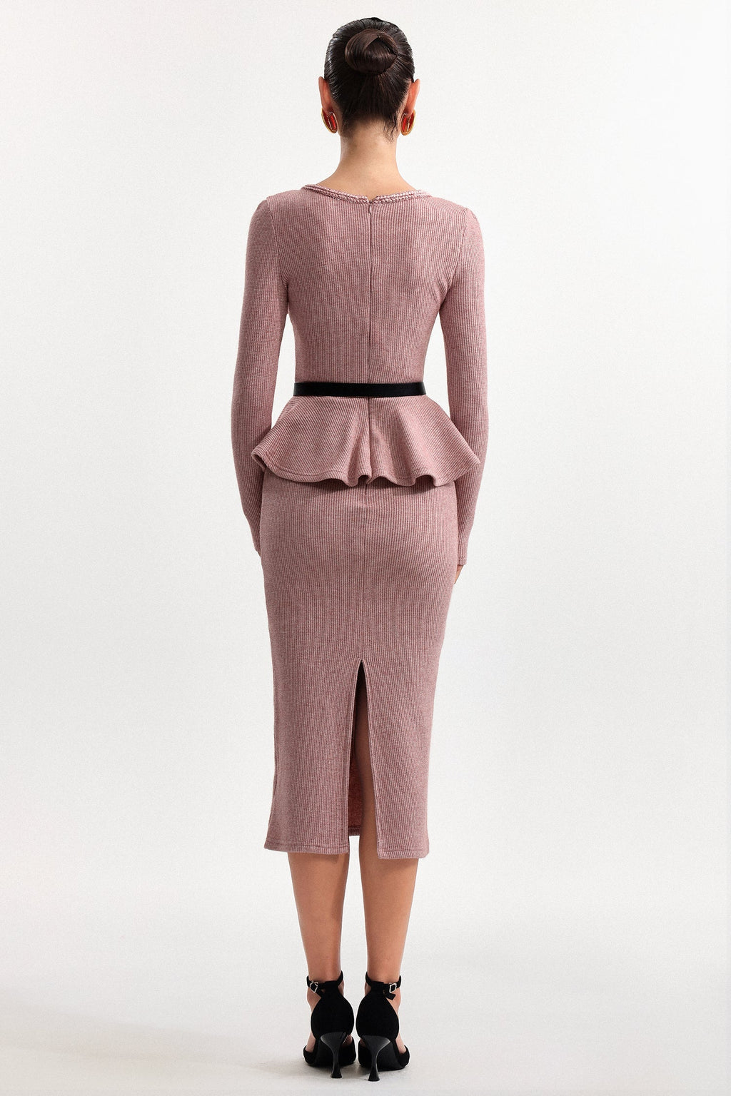 kitty U Neck Long Sleeve Falbala Knit Midi Dress in pink Avalabel