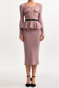 kitty U Neck Long Sleeve Falbala Knit Midi Dress in pink Avalabel