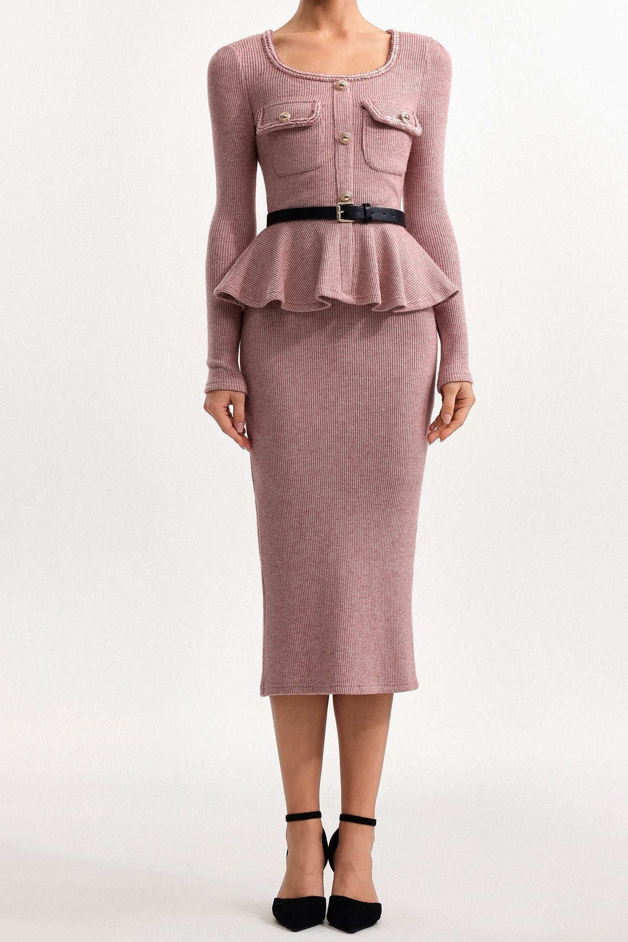 kitty U Neck Long Sleeve Falbala Knit Midi Dress in pink Avalabel