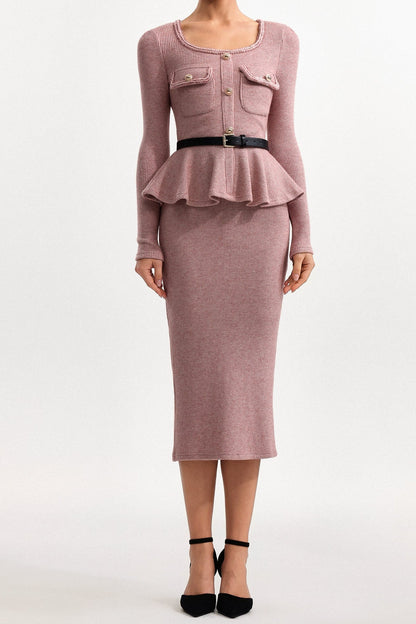 kitty U Neck Long Sleeve Falbala Knit Midi Dress in pink