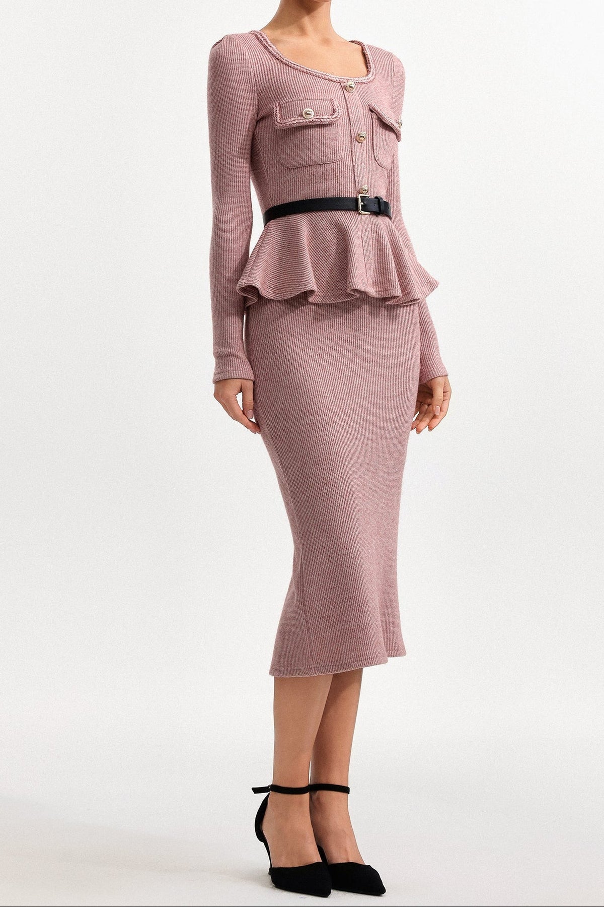 kitty U Neck Long Sleeve Falbala Knit Midi Dress in pink Avalabel