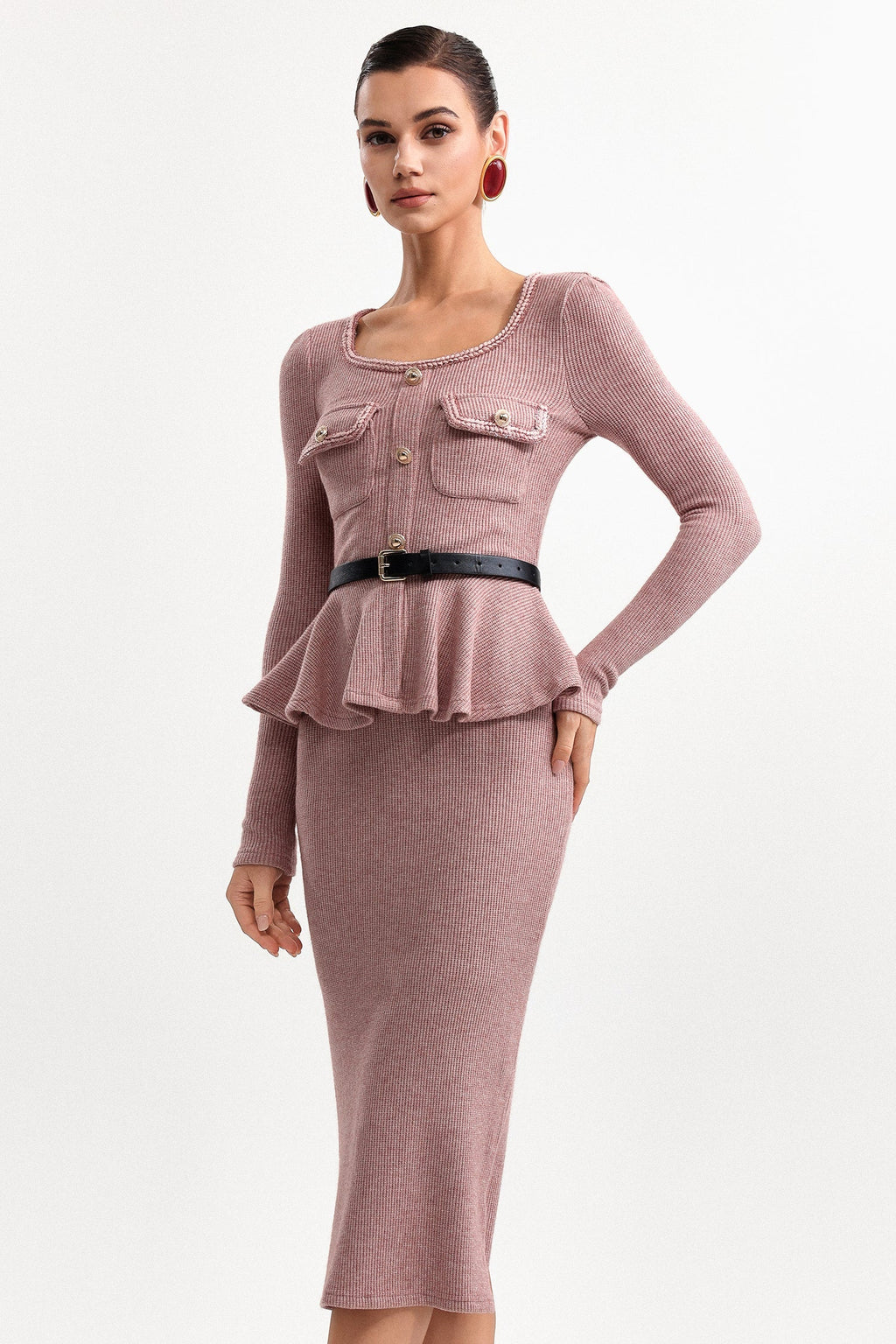 kitty U Neck Long Sleeve Falbala Knit Midi Dress in pink Avalabel