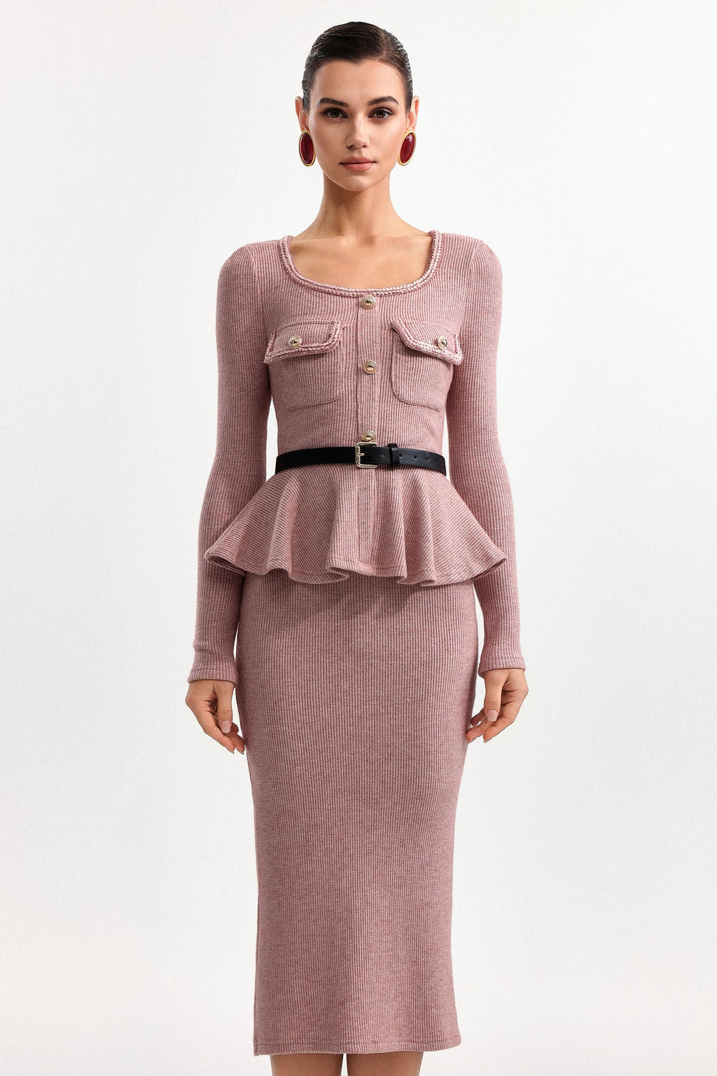 kitty U Neck Long Sleeve Falbala Knit Midi Dress in pink Avalabel