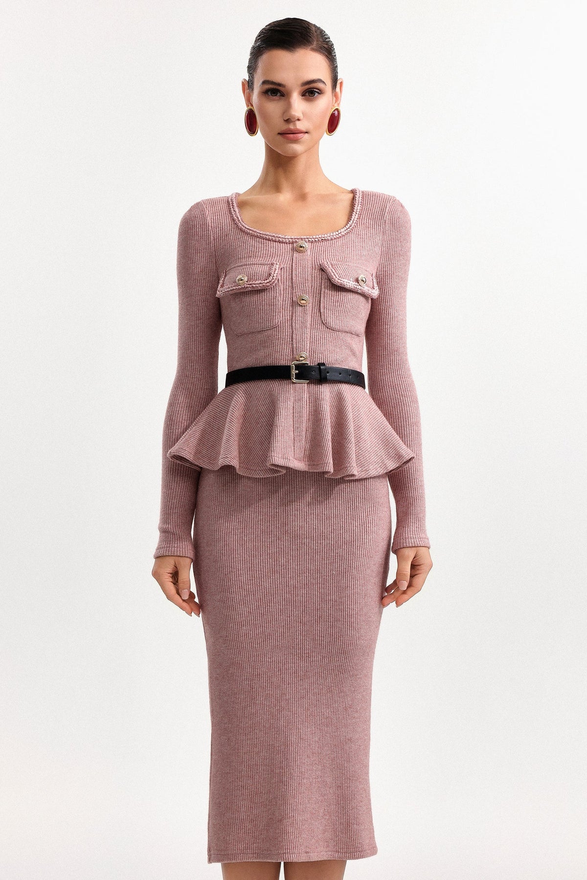 kitty U Neck Long Sleeve Falbala Knit Midi Dress in pink Avalabel