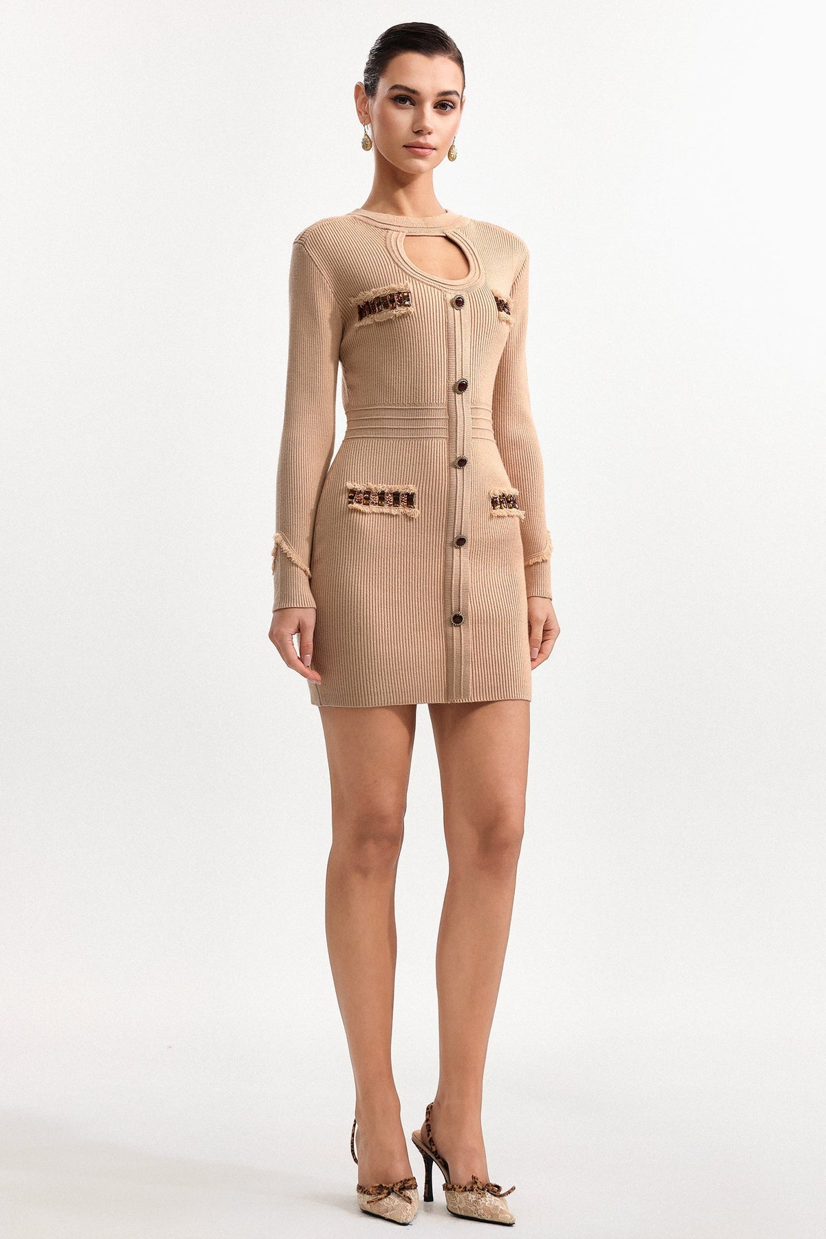 jenny Contour Long Sleeve Knit Mini Dress in Khaki Avalabel