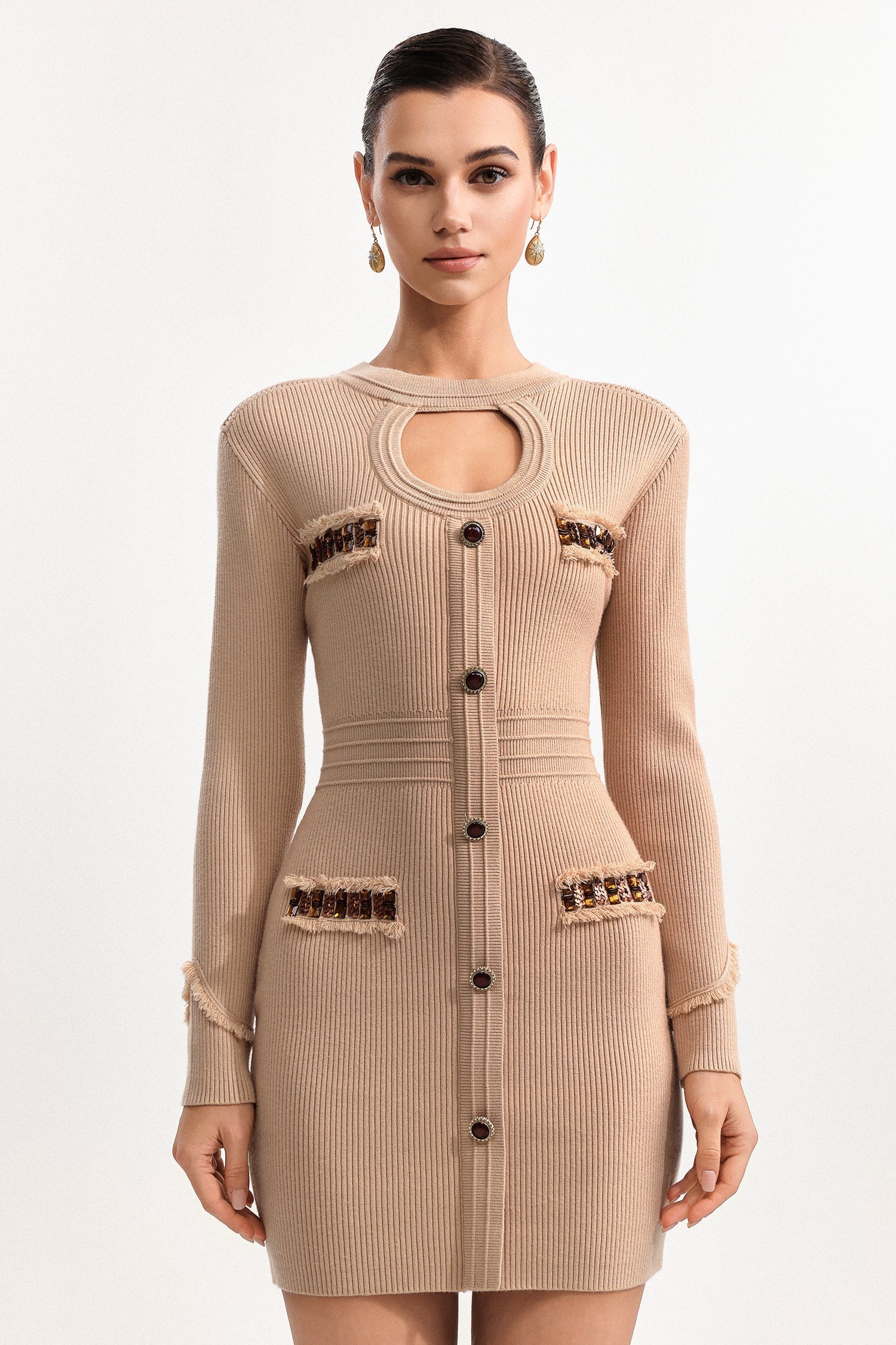 jenny Contour Long Sleeve Knit Mini Dress in Khaki Avalabel