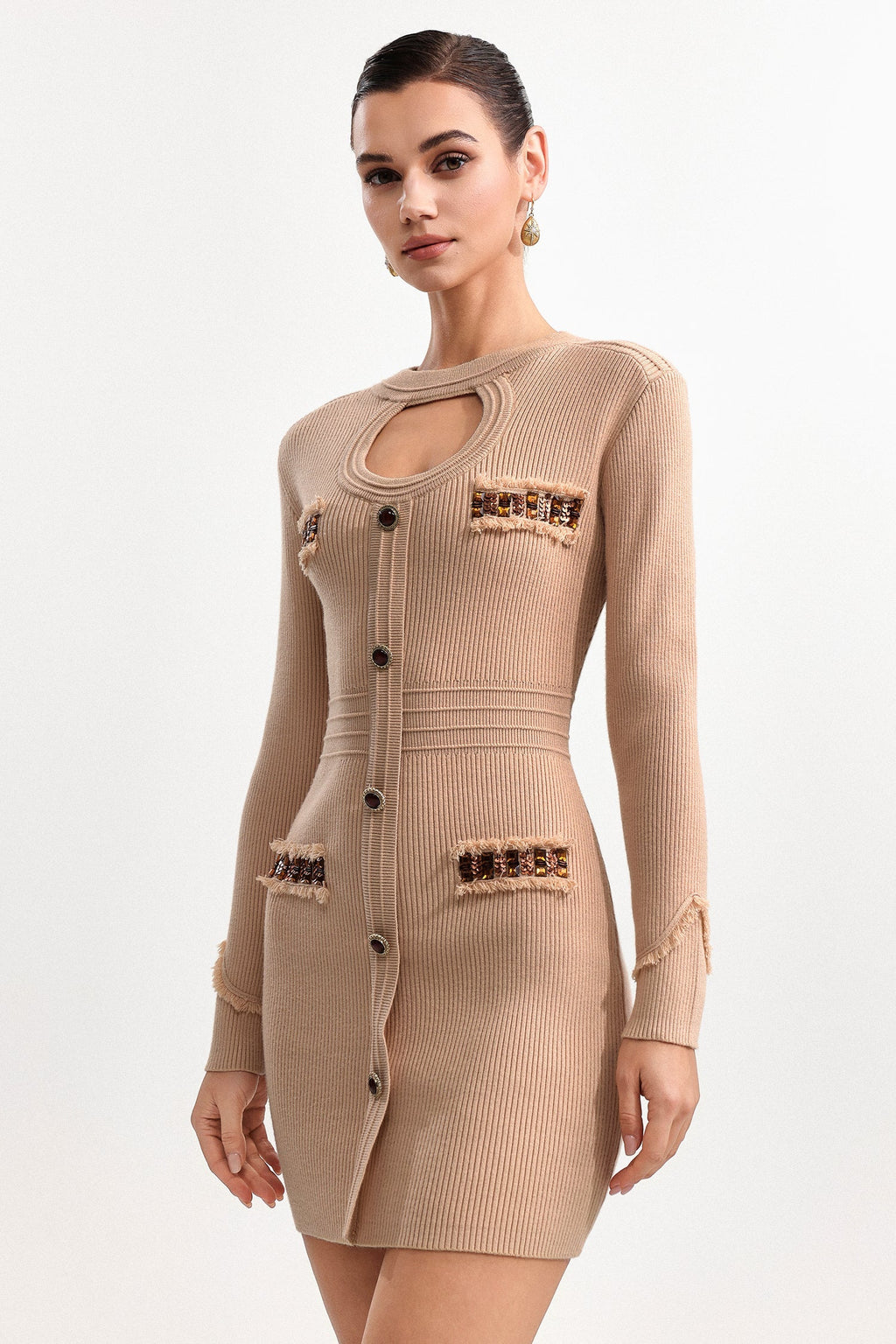 jenny Contour Long Sleeve Knit Mini Dress in Khaki Avalabel