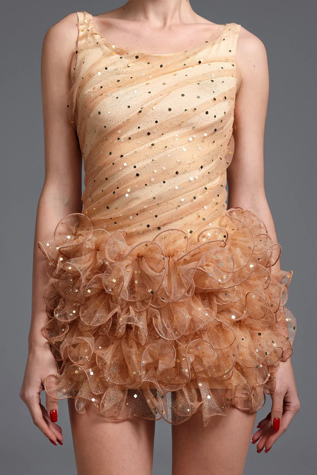 Veronic Romantic Embellished Sleeveless Ruffle Sequin Mini Dress Avalabel