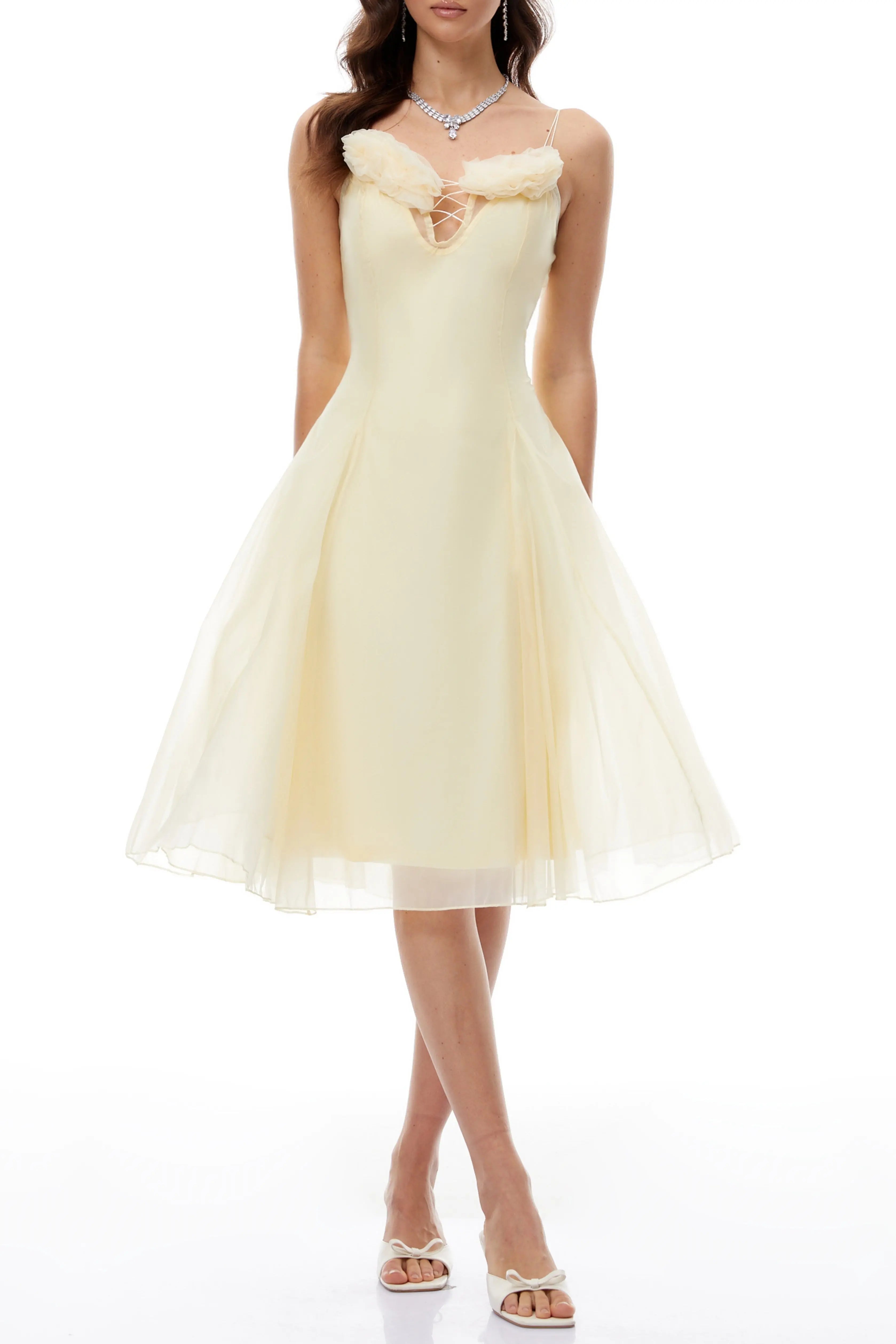 Kristin Yellow Floral Appliqué Tulle Midi Dress Avalabel