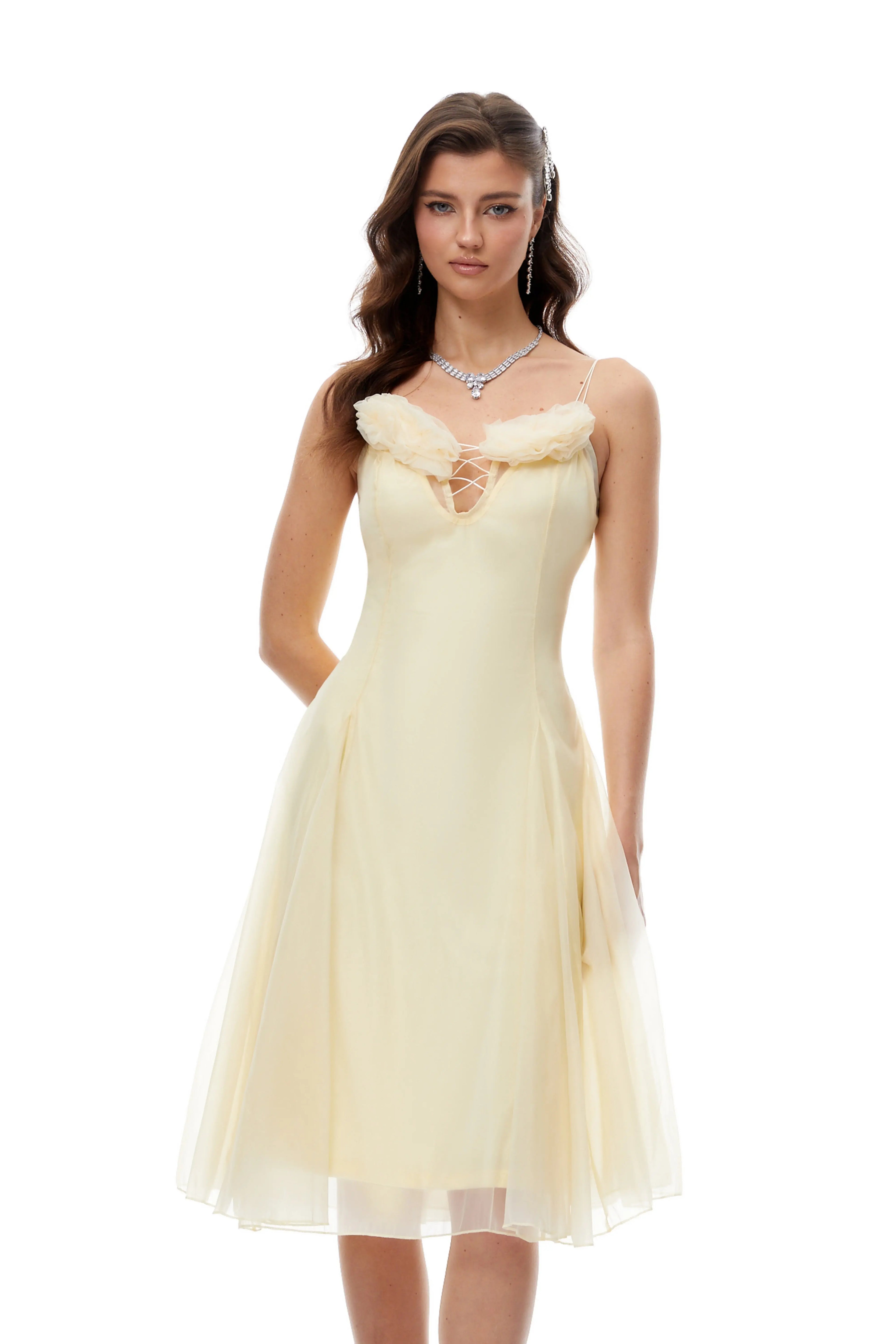 Kristin Yellow Floral Appliqué Tulle Midi Dress Avalabel