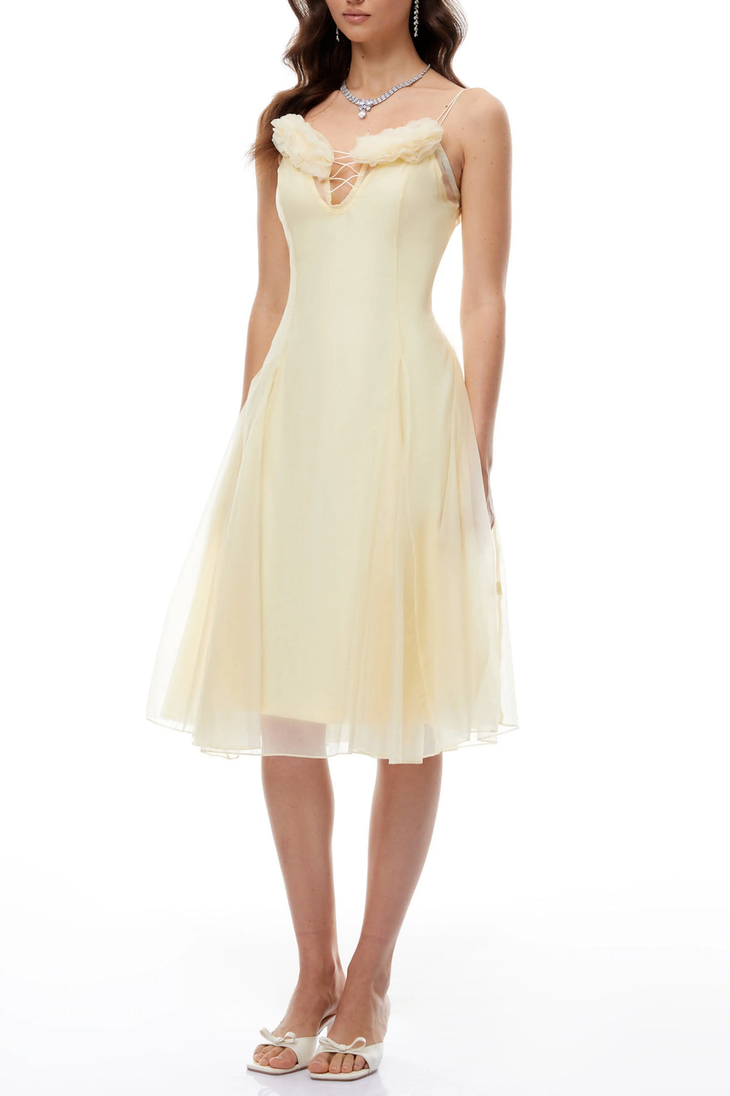 Kristin Yellow Floral Appliqué Tulle Midi Dress Avalabel
