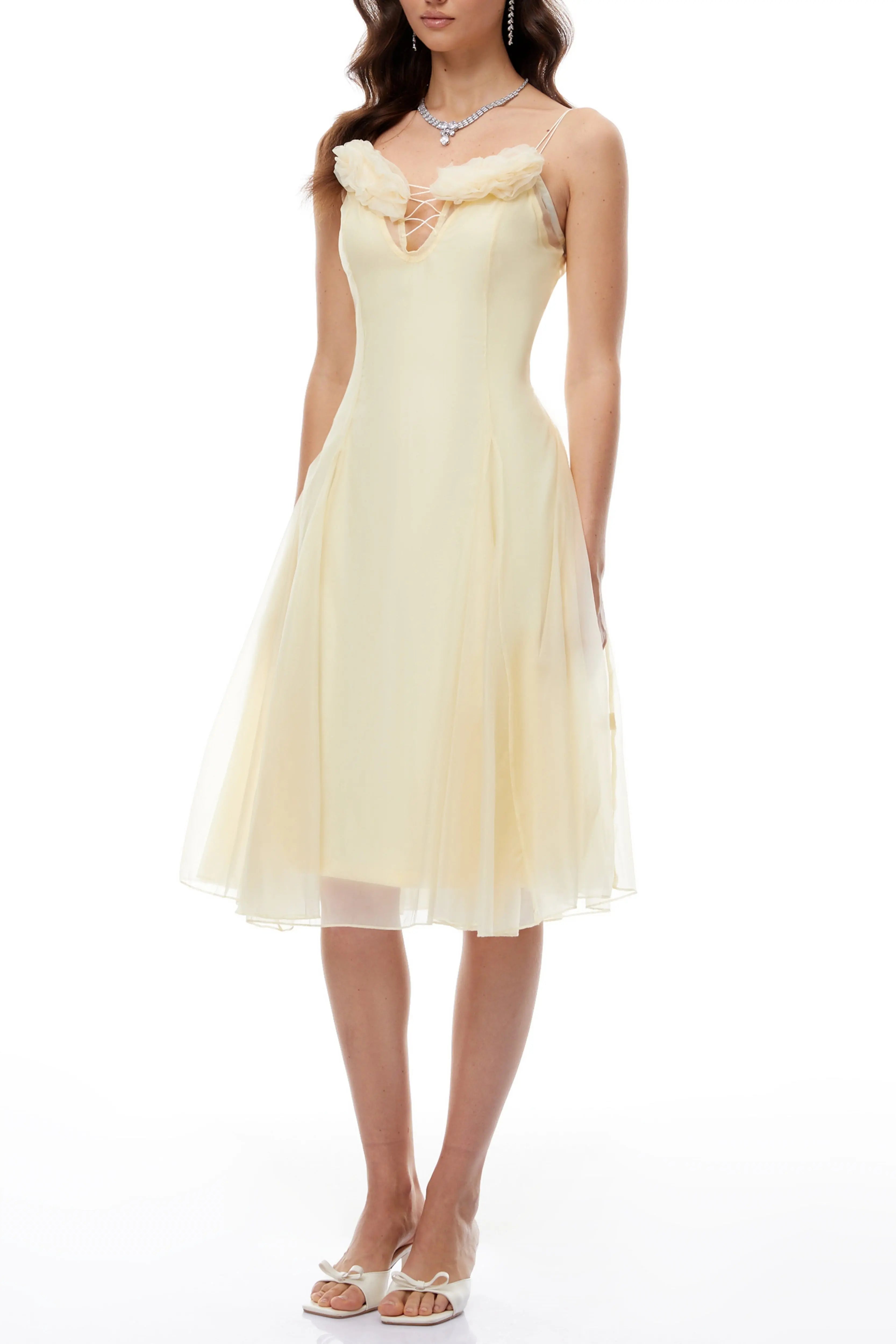 Kristin Yellow Floral Appliqué Tulle Midi Dress Avalabel