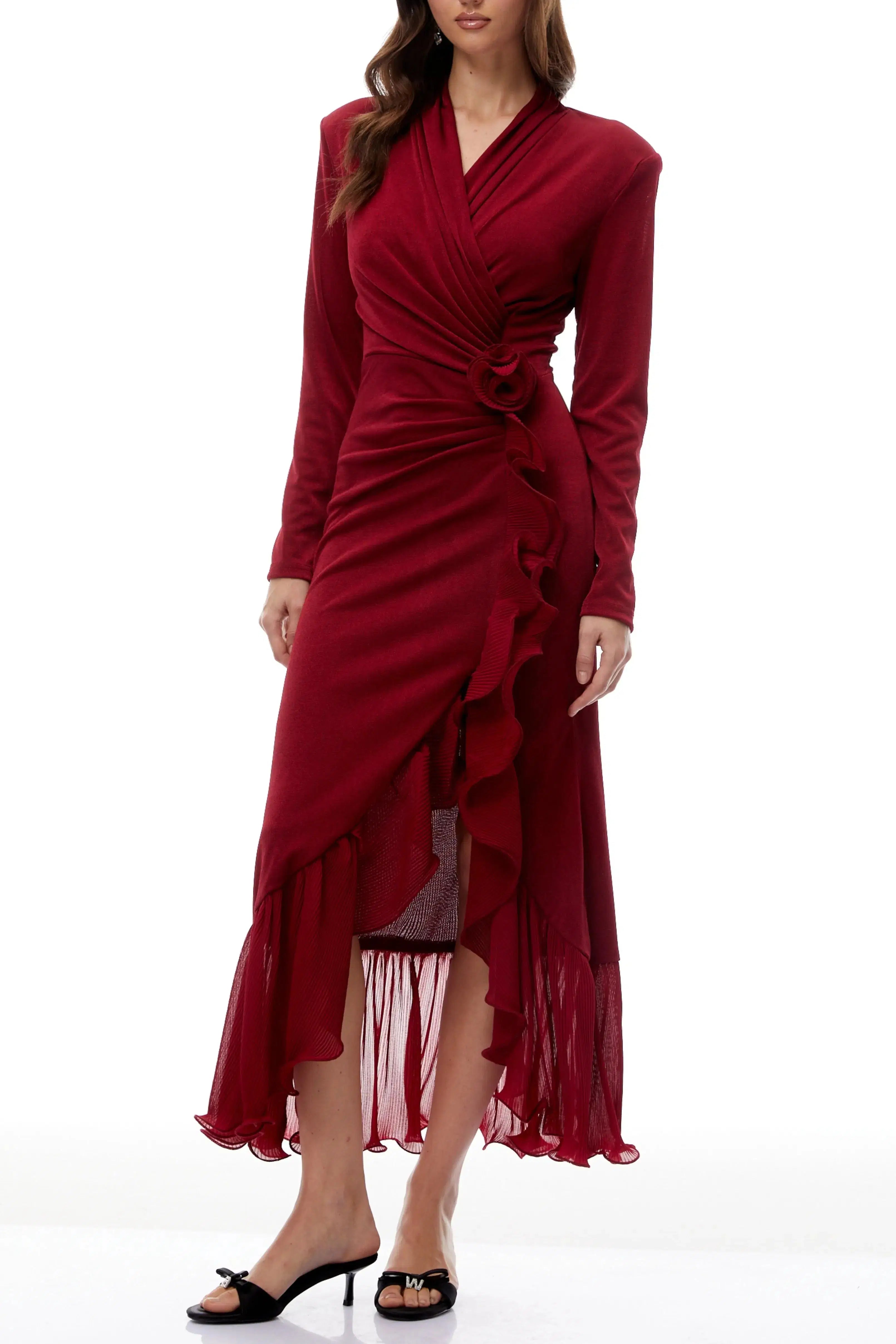 Joyce Red Ruffled Gathered High Slit Knit Midi Dress Avalabel