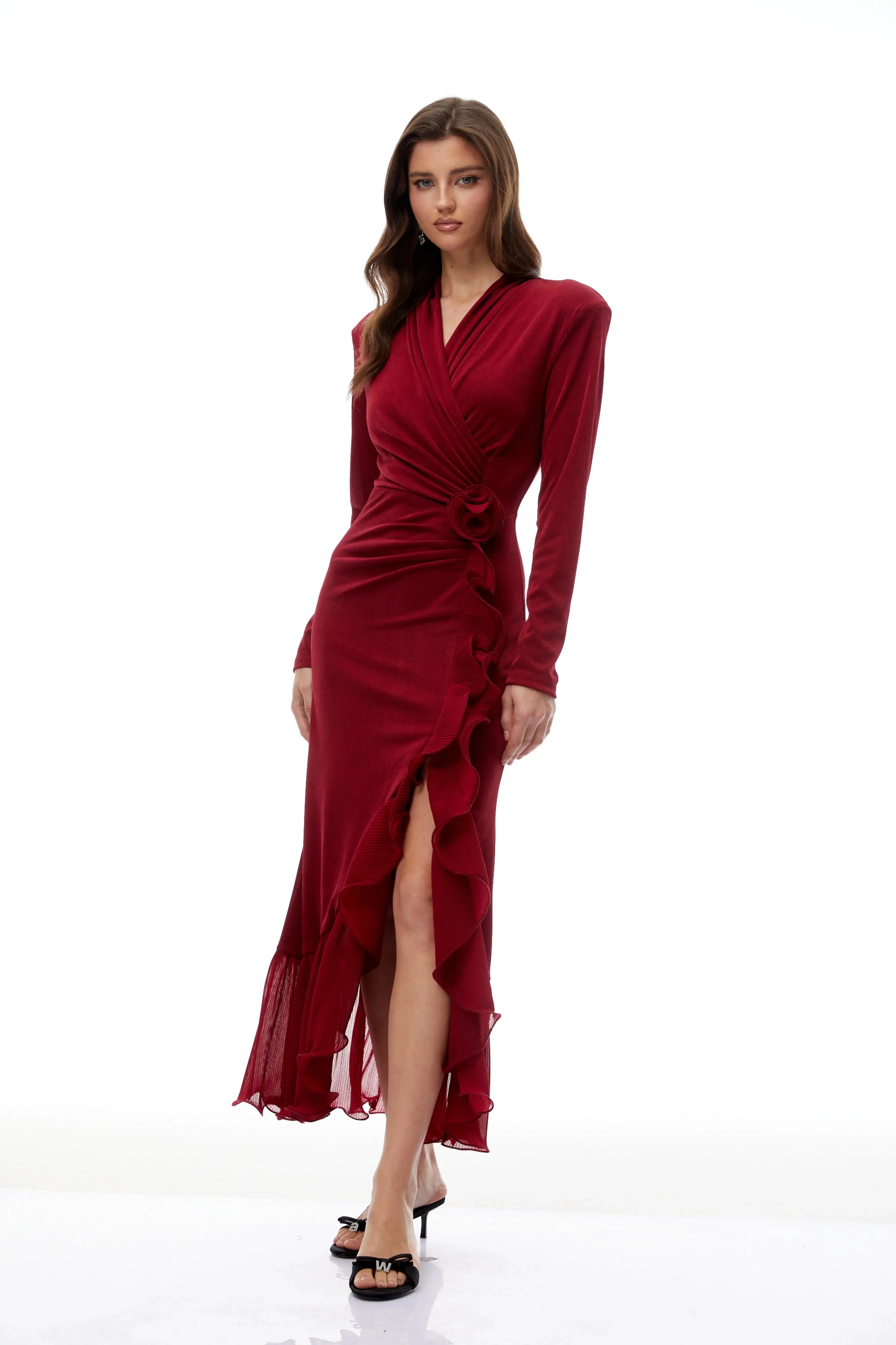 Joyce Red Ruffled Gathered High Slit Knit Midi Dress Avalabel