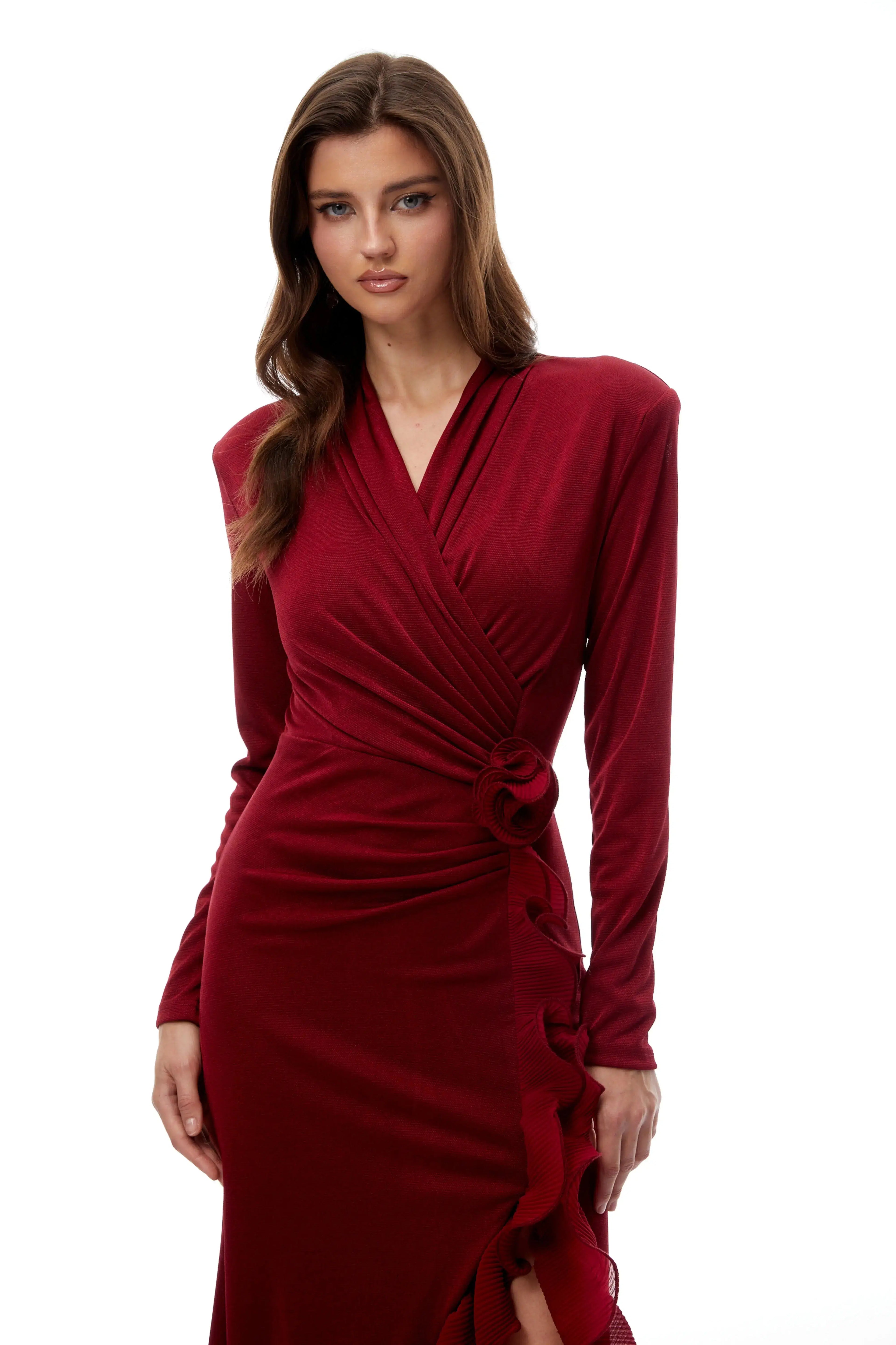 Joyce Red Ruffled Gathered High Slit Knit Midi Dress Avalabel