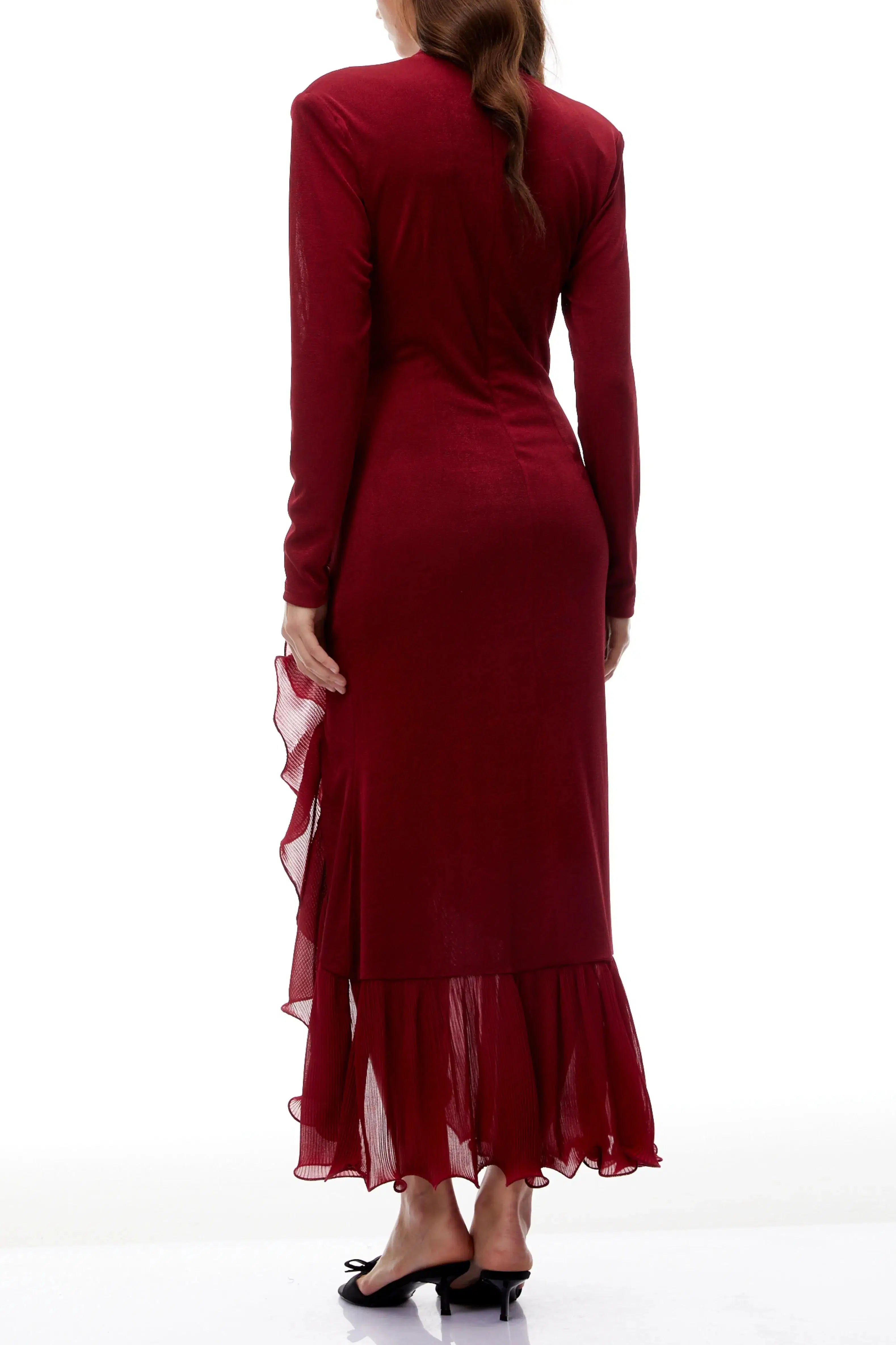 Joyce Red Ruffled Gathered High Slit Knit Midi Dress Avalabel