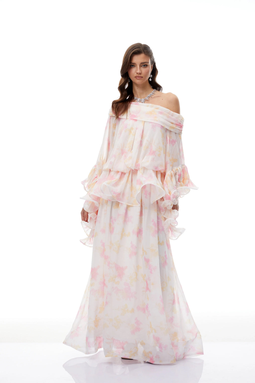 Emily White Floral Print Ruffled Chiffon Maxi Dress Avalabel