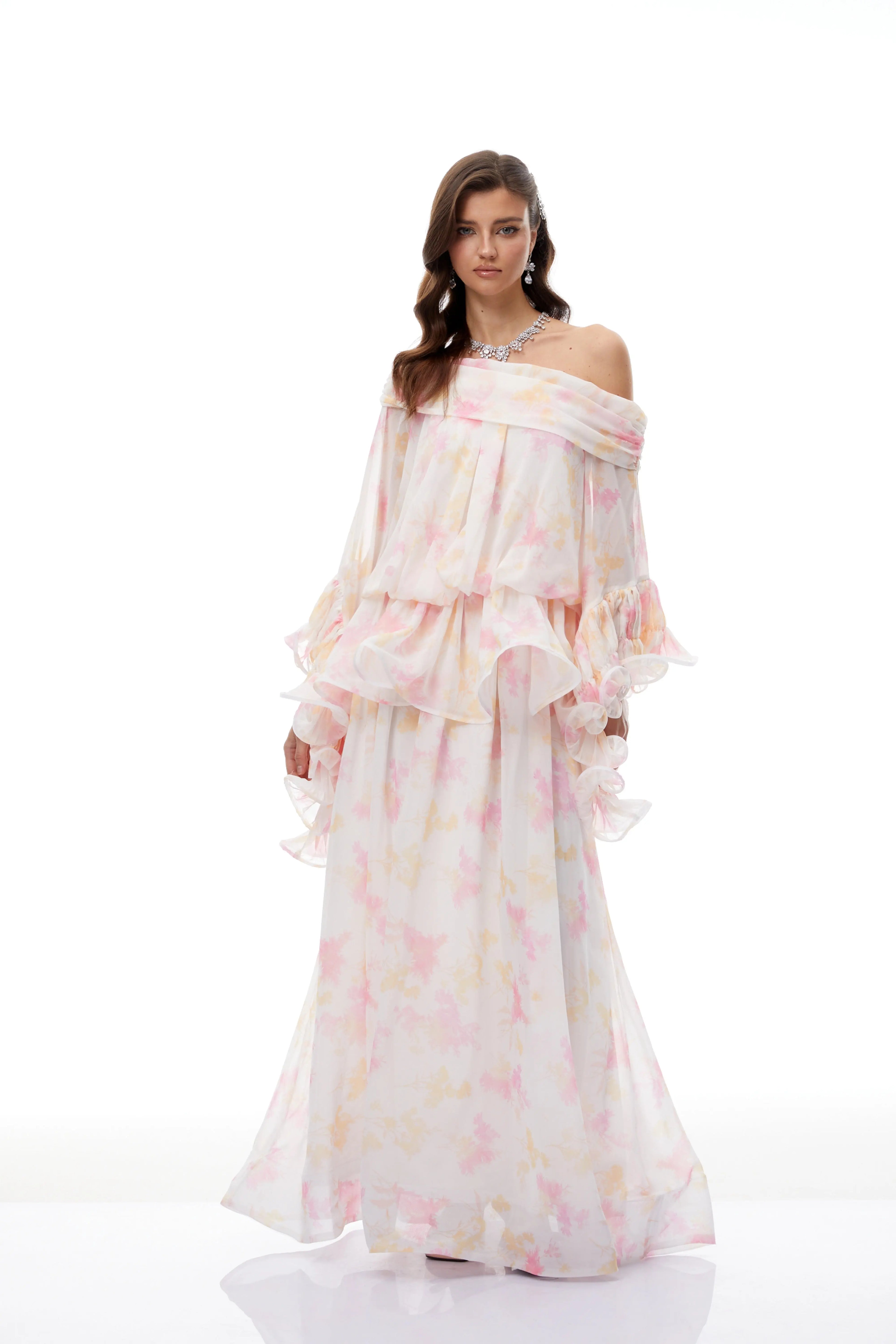 Emily White Floral Print Ruffled Chiffon Maxi Dress Avalabel