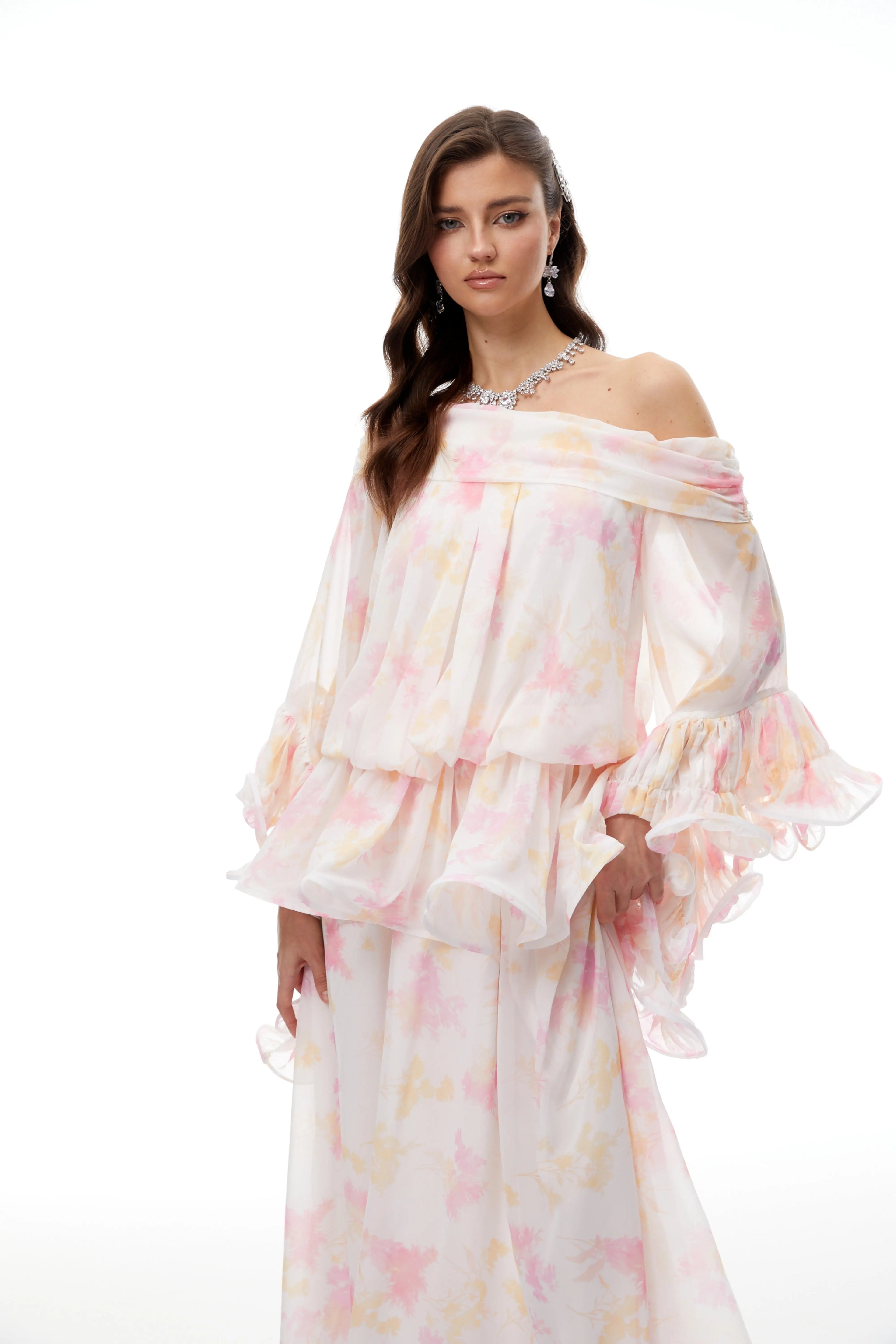 Emily White Floral Print Ruffled Chiffon Maxi Dress Avalabel