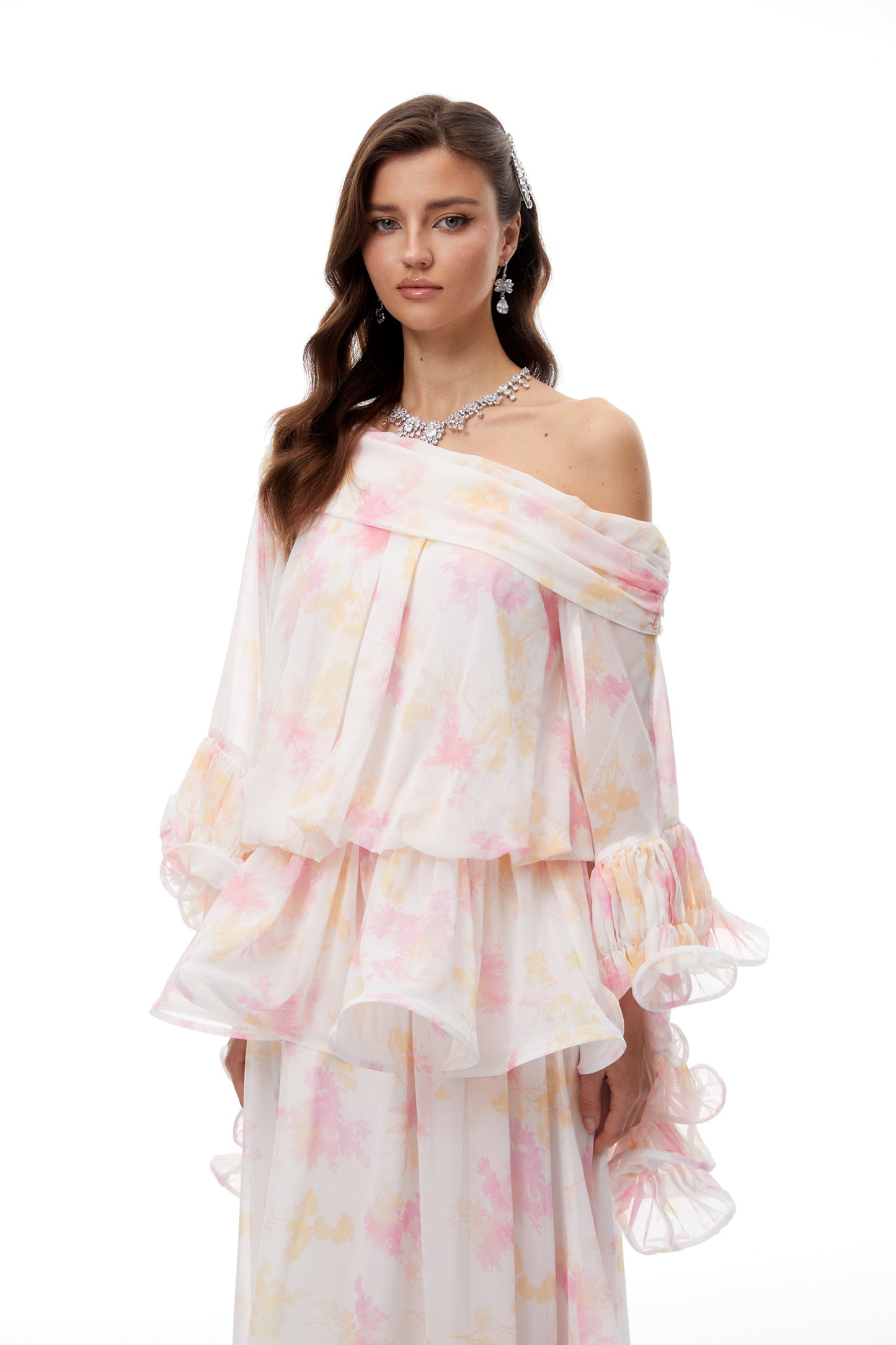 Emily White Floral Print Ruffled Chiffon Maxi Dress