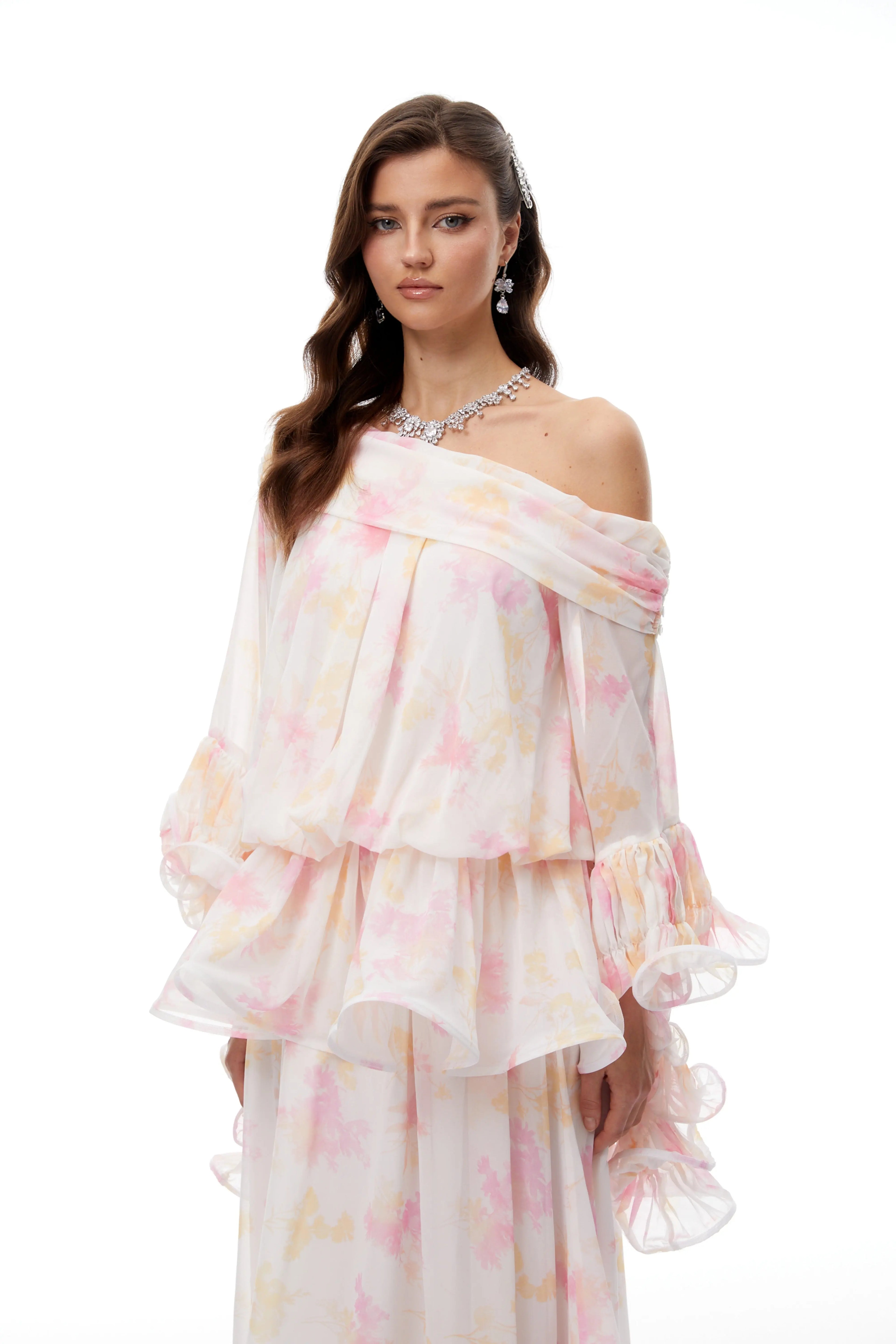 Emily White Floral Print Ruffled Chiffon Maxi Dress Avalabel