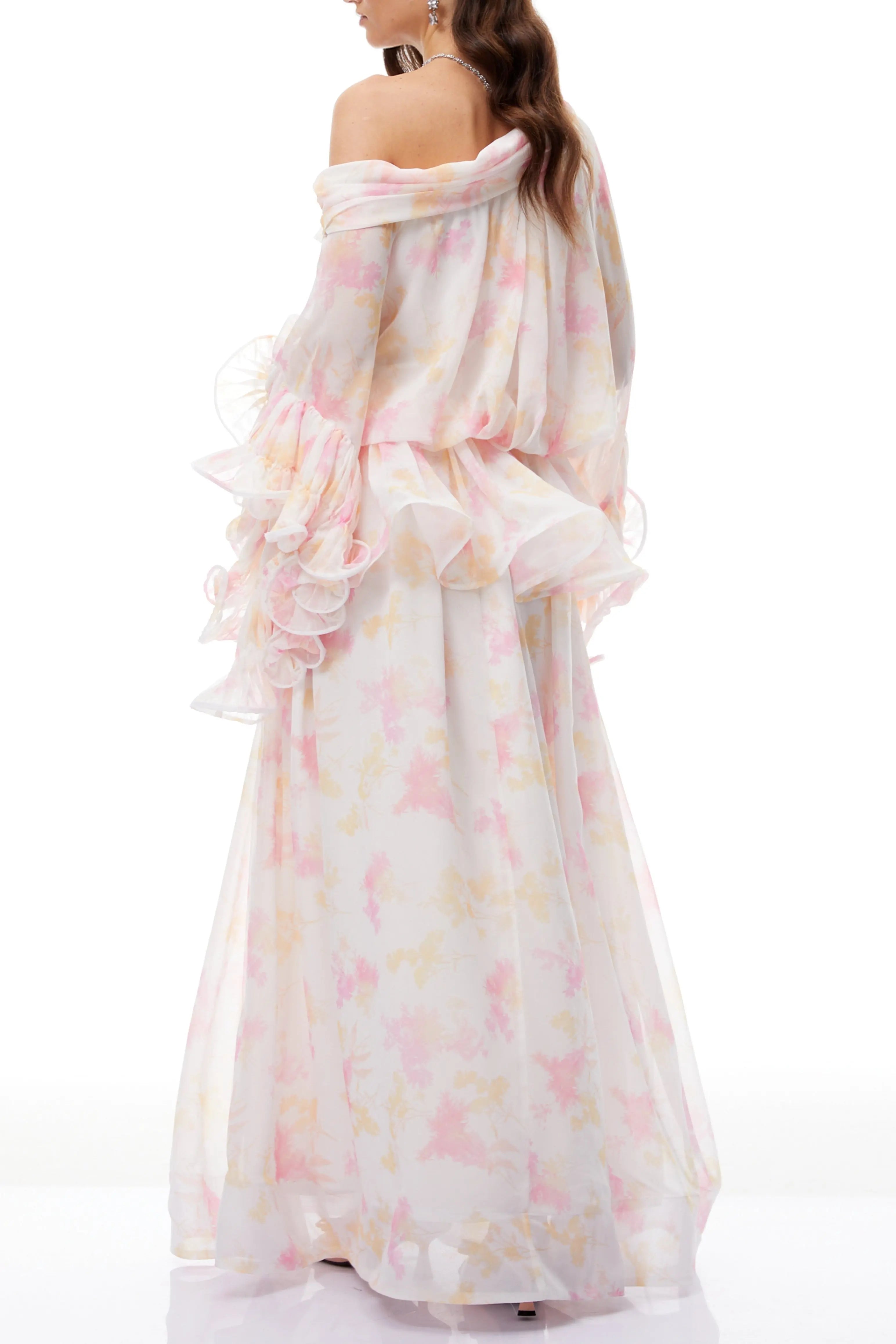 Emily White Floral Print Ruffled Chiffon Maxi Dress Avalabel
