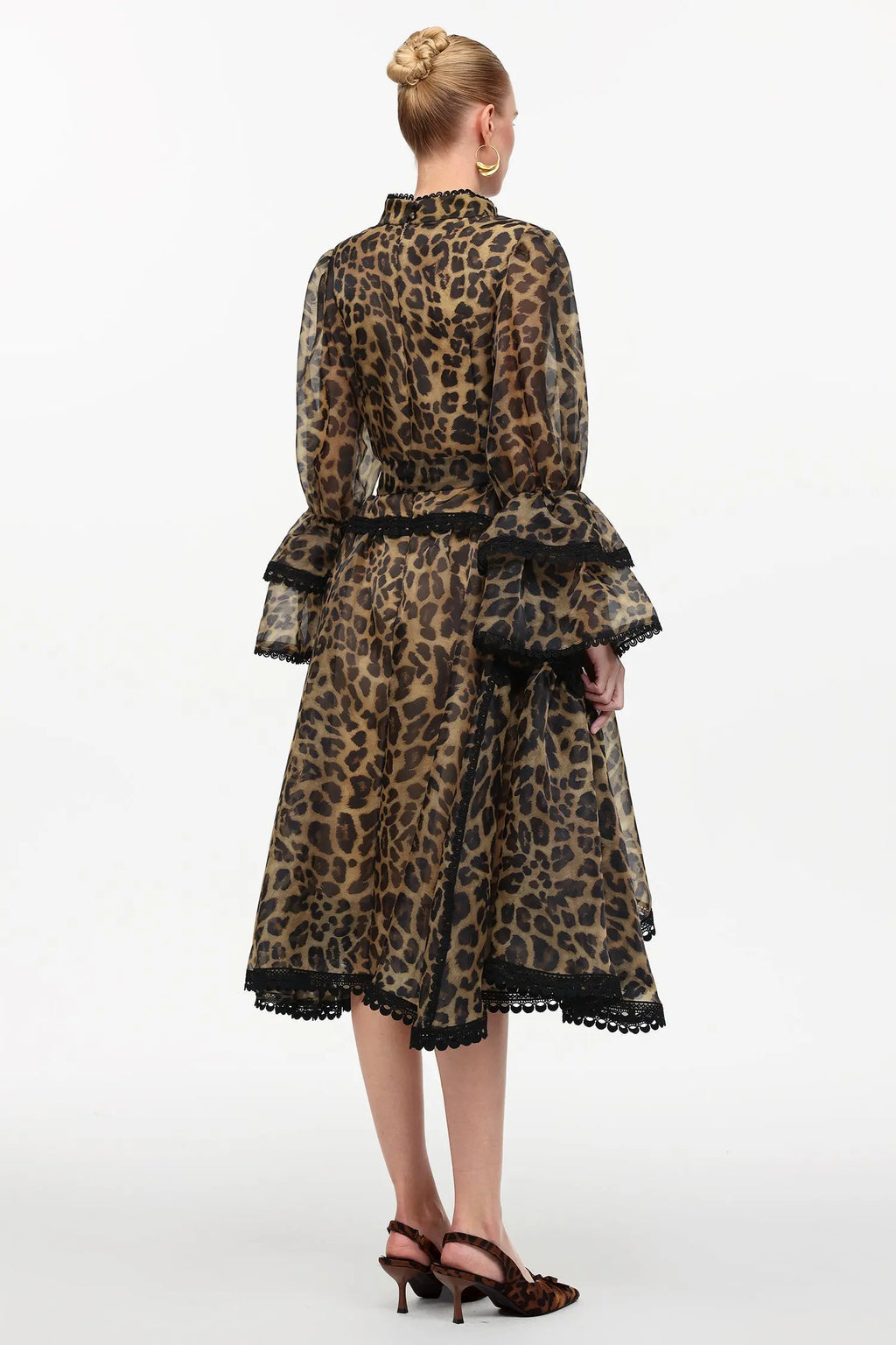 Uhren Resort Flowy V-Neck Long Sleeve Falbala Lace Woven Leopard Print Mini Dress Avalabel