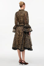 Uhren Resort Flowy V-Neck Long Sleeve Falbala Lace Woven Leopard Print Mini Dress Avalabel