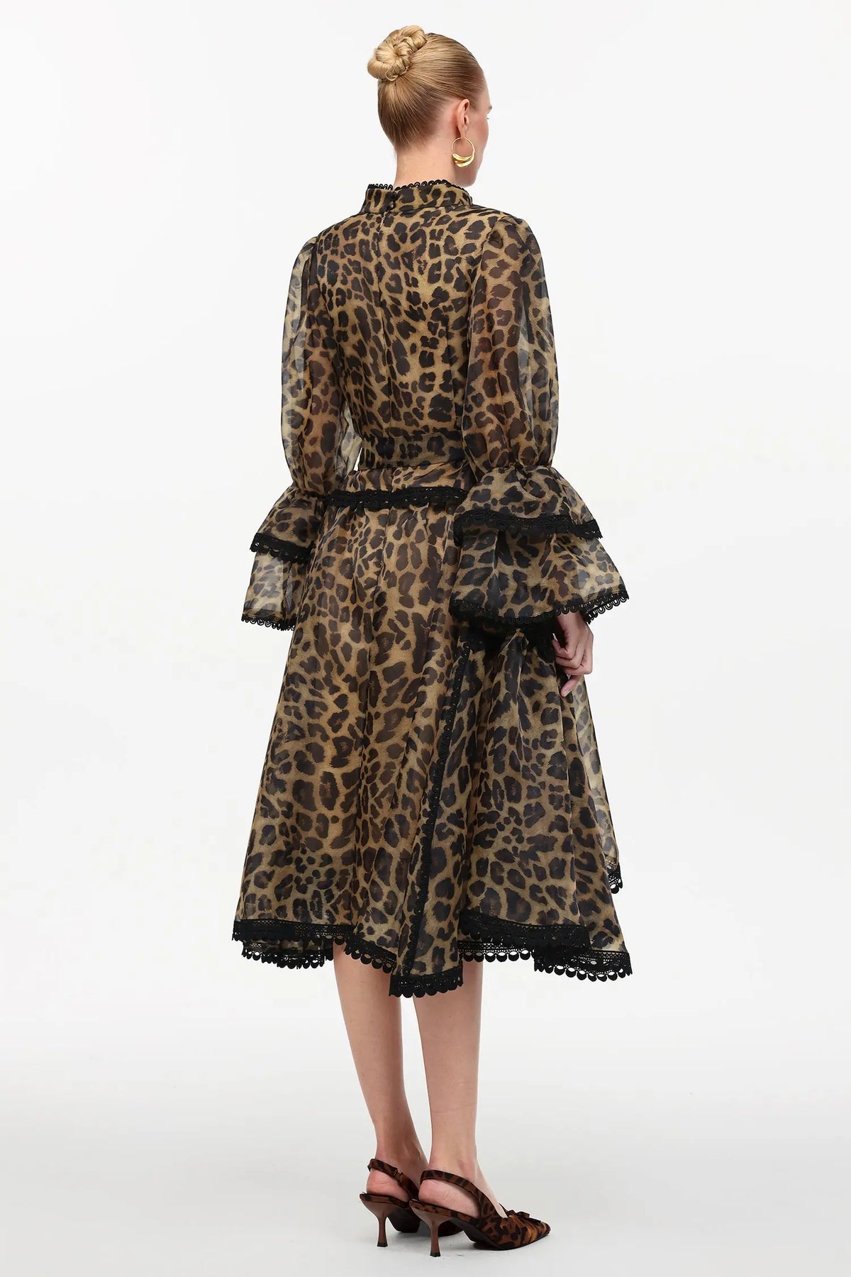 Uhren Resort Flowy V-Neck Long Sleeve Falbala Lace Woven Leopard Print Mini Dress Avalabel