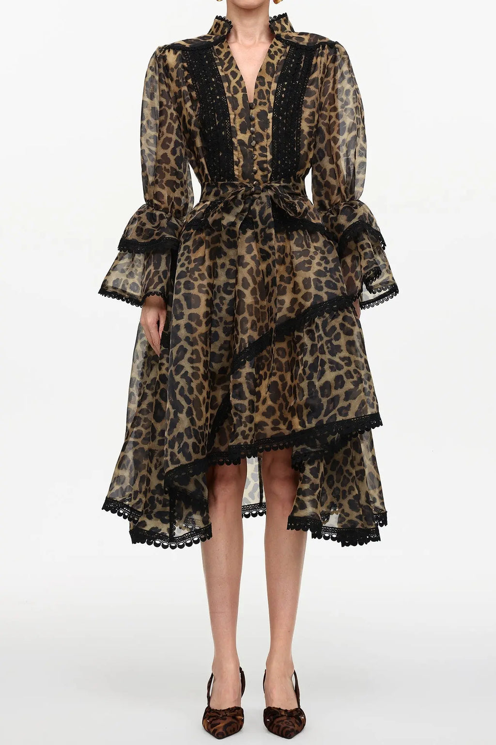 Uhren Resort Flowy V-Neck Long Sleeve Falbala Lace Woven Leopard Print Mini Dress Avalabel
