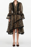 Uhren Resort Flowy V-Neck Long Sleeve Falbala Lace Woven Leopard Print Mini Dress Avalabel