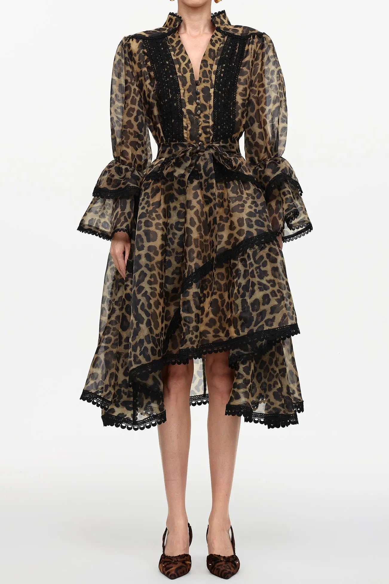 Uhren Resort Flowy V-Neck Long Sleeve Falbala Lace Woven Leopard Print Mini Dress Avalabel