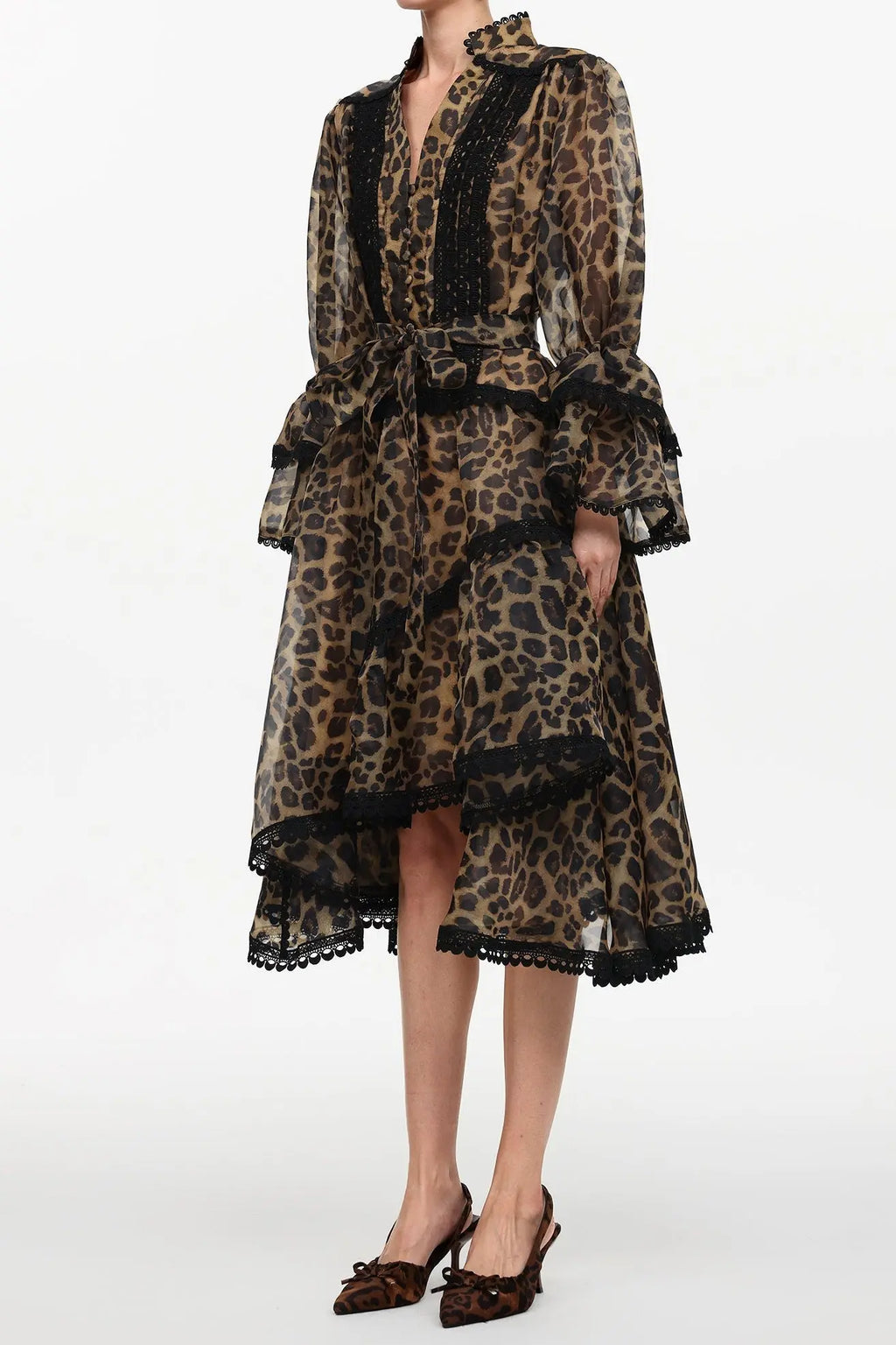 Uhren Resort Flowy V-Neck Long Sleeve Falbala Lace Woven Leopard Print Mini Dress Avalabel