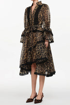 Uhren Resort Flowy V-Neck Long Sleeve Falbala Lace Woven Leopard Print Mini Dress Avalabel