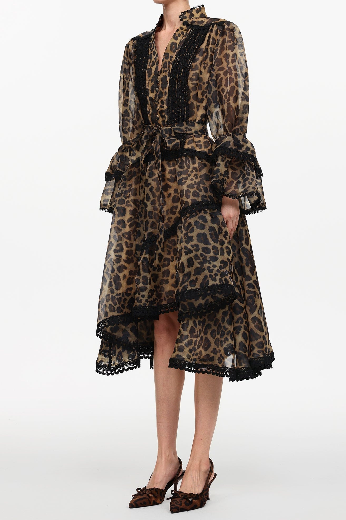 Uhren Resort Flowy V-Neck Long Sleeve Falbala Lace Woven Leopard Print Mini Dress