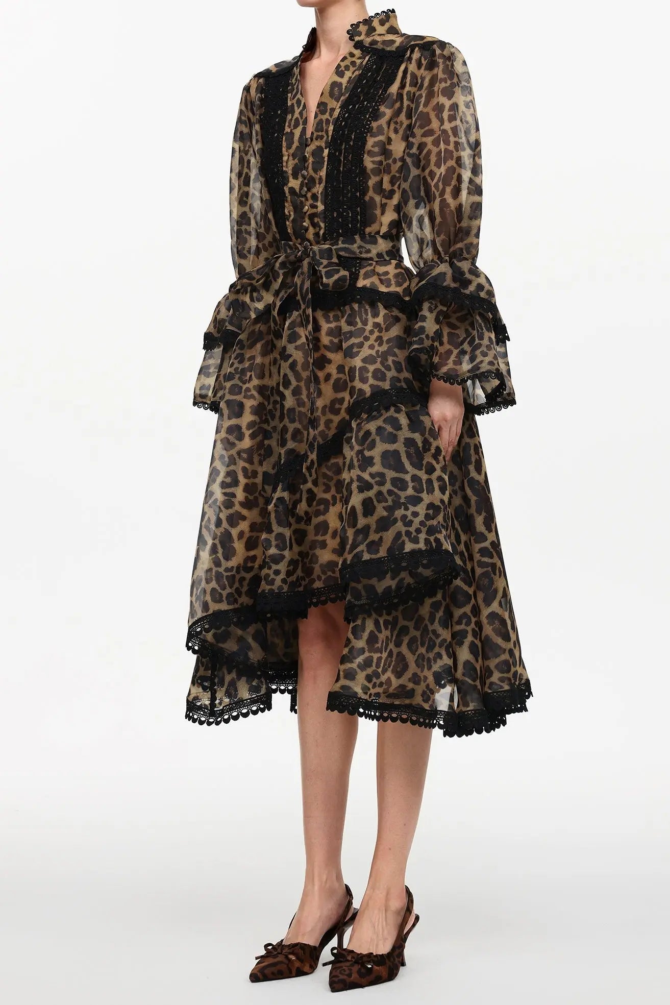 Uhren Resort Flowy V-Neck Long Sleeve Falbala Lace Woven Leopard Print Mini Dress Avalabel