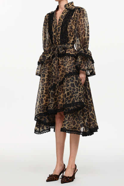 Uhren Resort Flowy V-Neck Long Sleeve Falbala Lace Woven Leopard Print Mini Dress