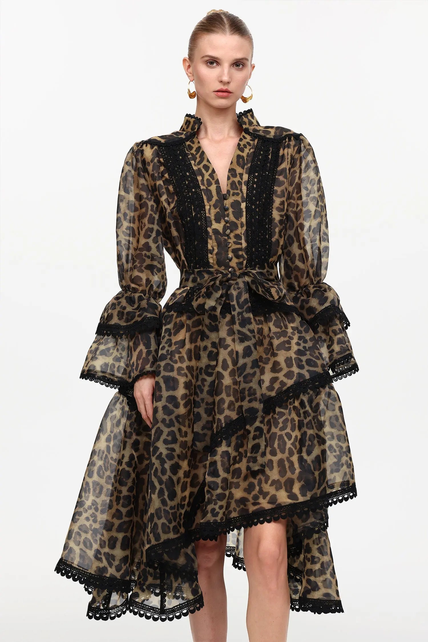 Uhren Resort Flowy V-Neck Long Sleeve Falbala Lace Woven Leopard Print Mini Dress Avalabel