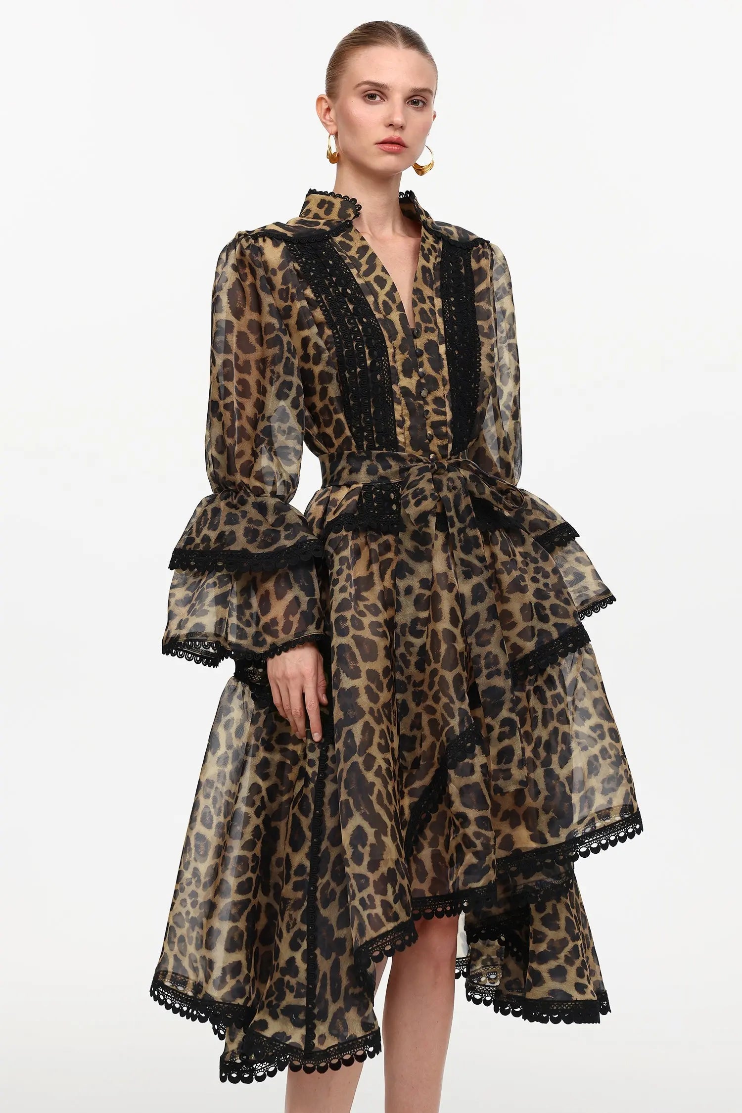 Uhren Resort Flowy V-Neck Long Sleeve Falbala Lace Woven Leopard Print Mini Dress Avalabel