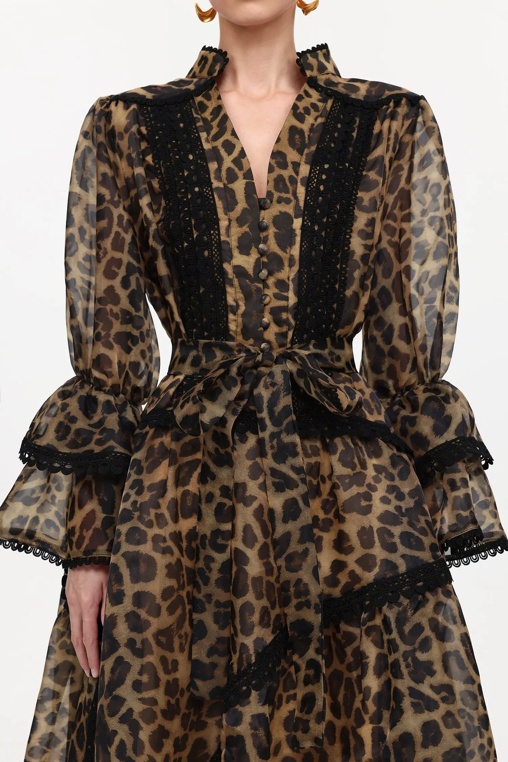 Uhren Resort Flowy V-Neck Long Sleeve Falbala Lace Woven Leopard Print Mini Dress Avalabel