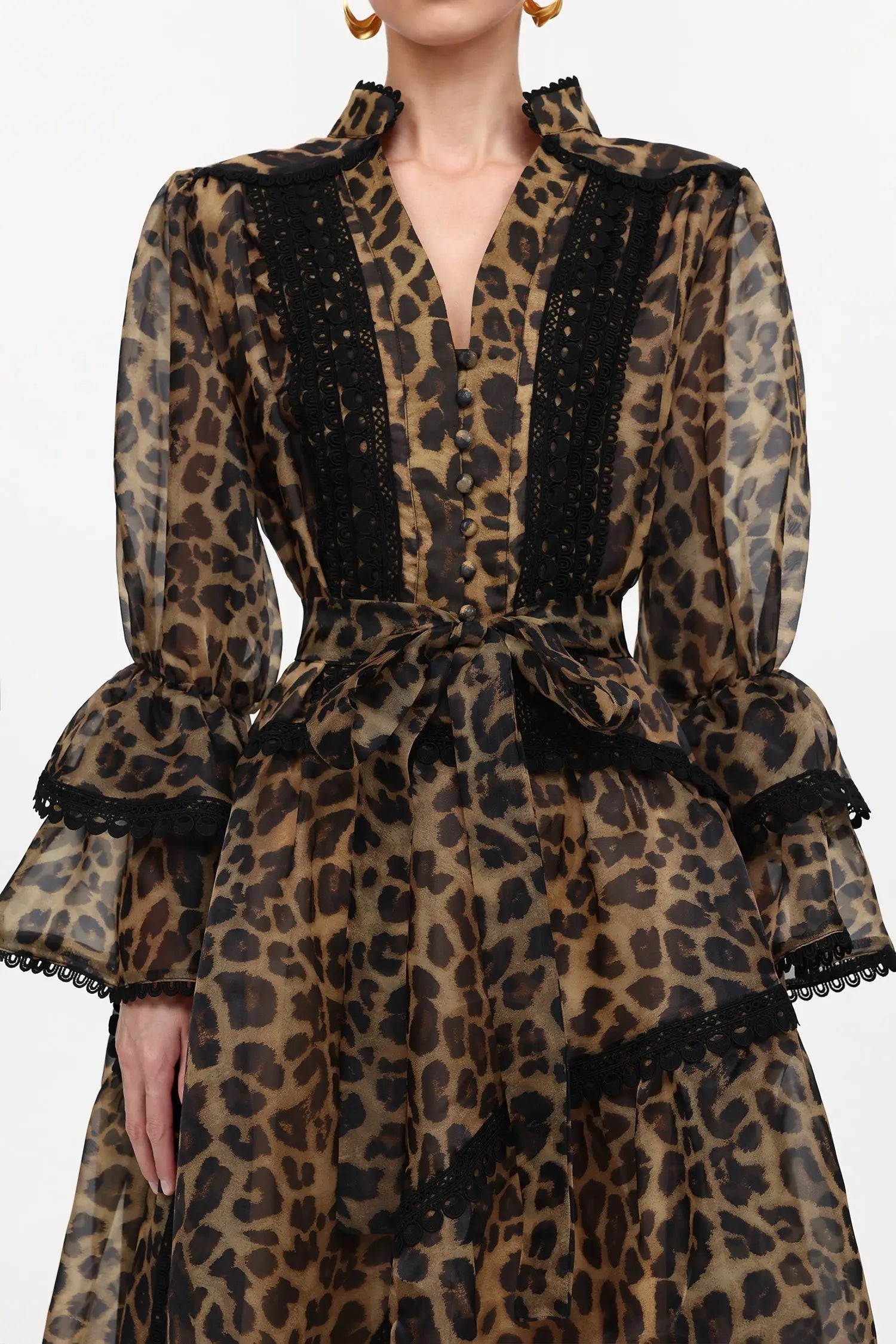 Uhren Resort Flowy V-Neck Long Sleeve Falbala Lace Woven Leopard Print Mini Dress Avalabel