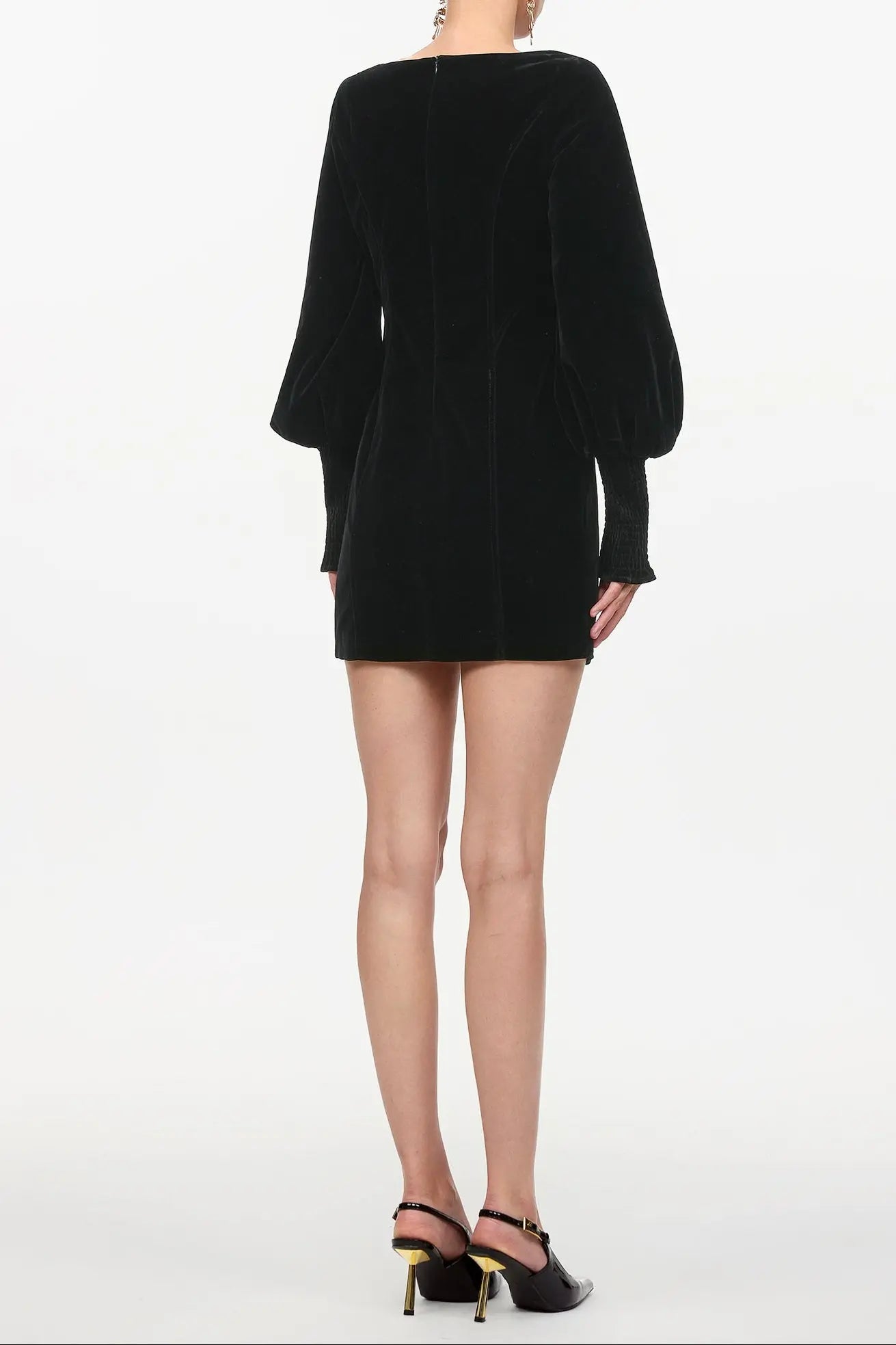 tina Cinched Waist Square Neck Long Sleeve Velvet Mini Dress in black Avalabel