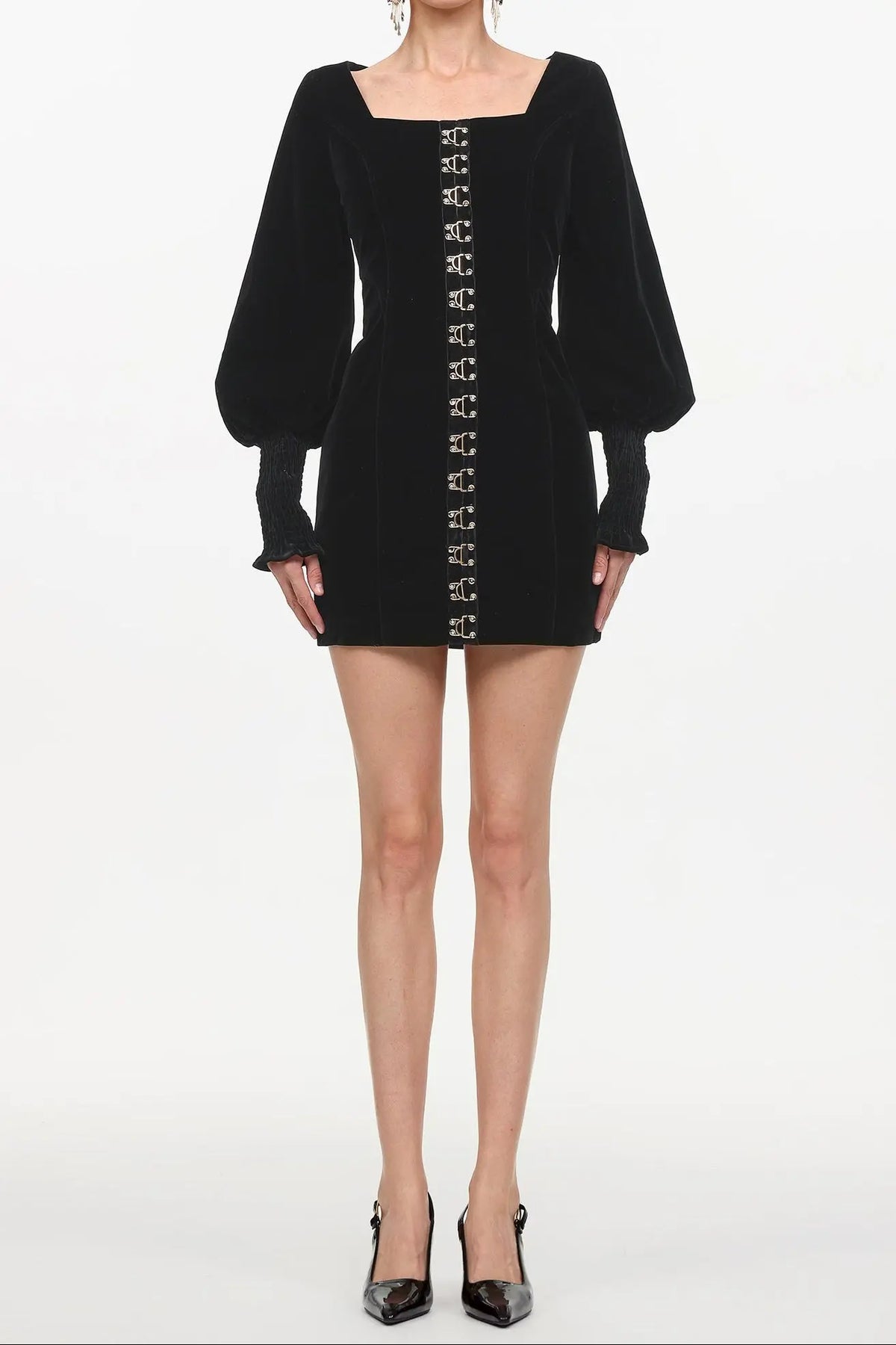 tina Cinched Waist Square Neck Long Sleeve Velvet Mini Dress in black Avalabel
