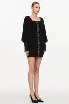 tina Cinched Waist Square Neck Long Sleeve Velvet Mini Dress in black Avalabel