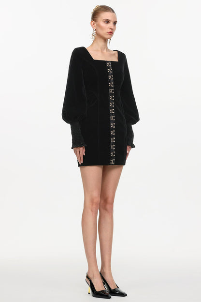 tina Cinched Waist Square Neck Long Sleeve Velvet Mini Dress in black