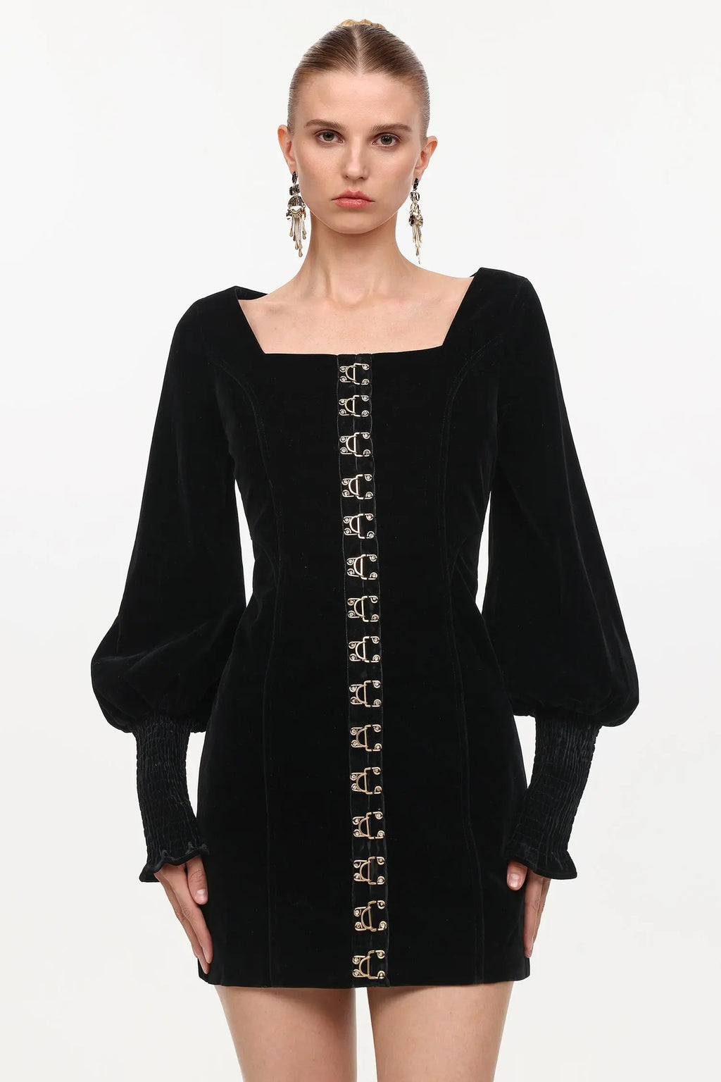 tina Cinched Waist Square Neck Long Sleeve Velvet Mini Dress in black Avalabel